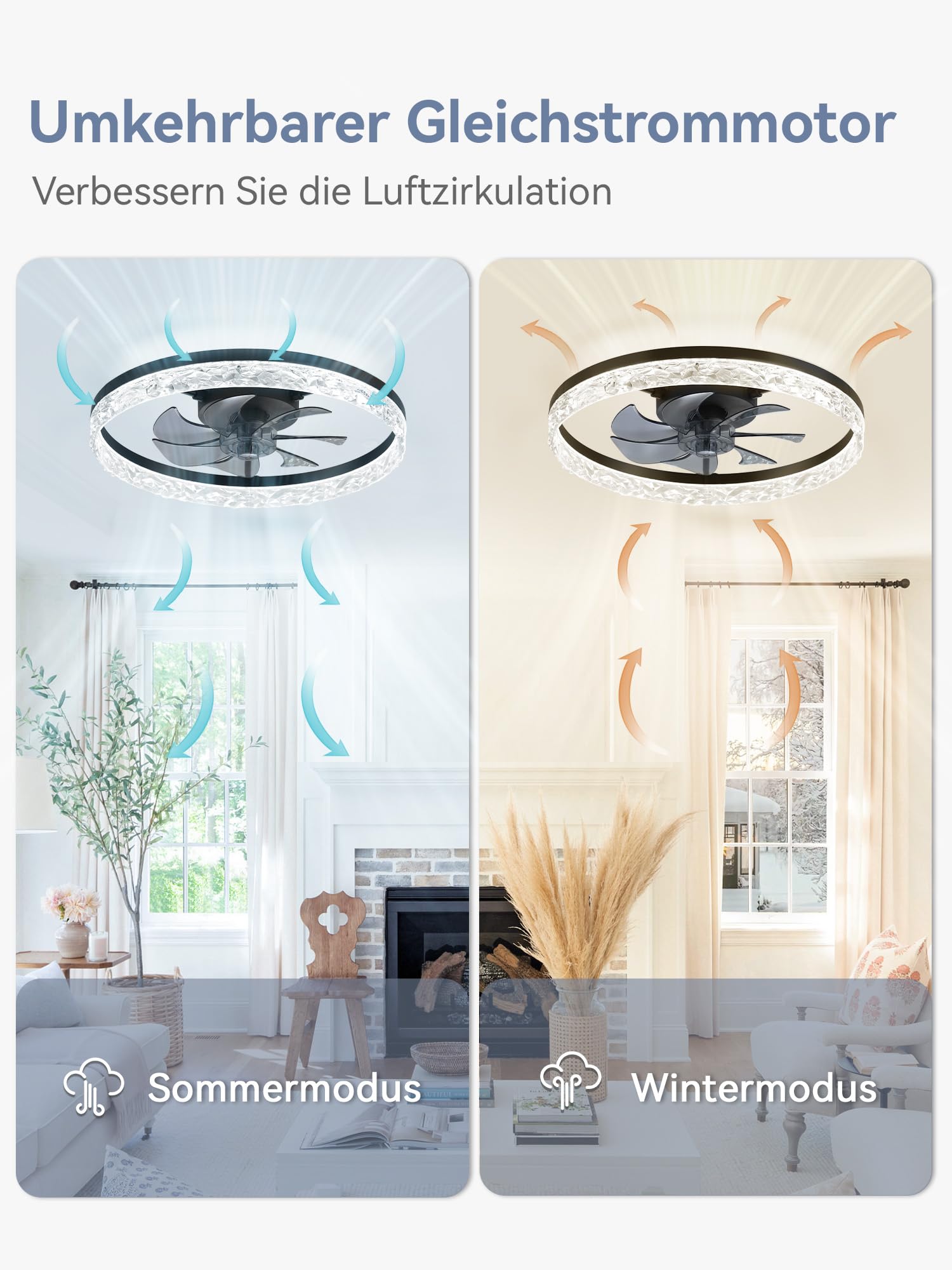 ZMISHIBO Deckenventilator mit Beleuchtung,Ø50,8 cm,3000K-6500K stufenlos dimmbar,6 Geschwindigkeiten,Timer,App & Fernbedienung,moderner LED-Deckenventilator für Wohnzimmer und Schlafzimmer,Schwarz