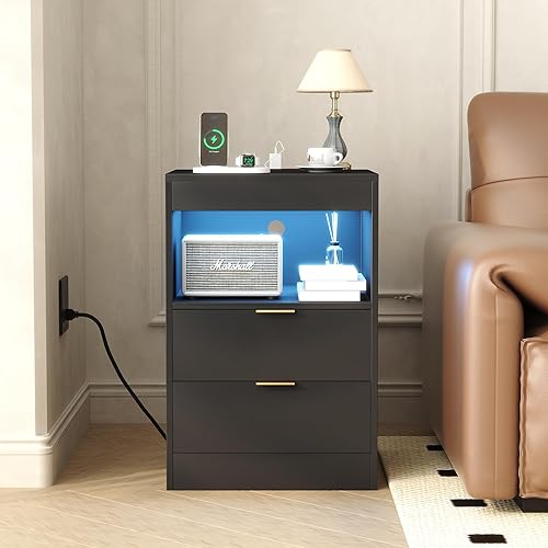 Miniatura 9 de Yusong Mesita de noche, mesita de noche, mesita de noche LED con estación de carga, moderna mesita de noche, mesa auxiliar de sofá de madera con 2