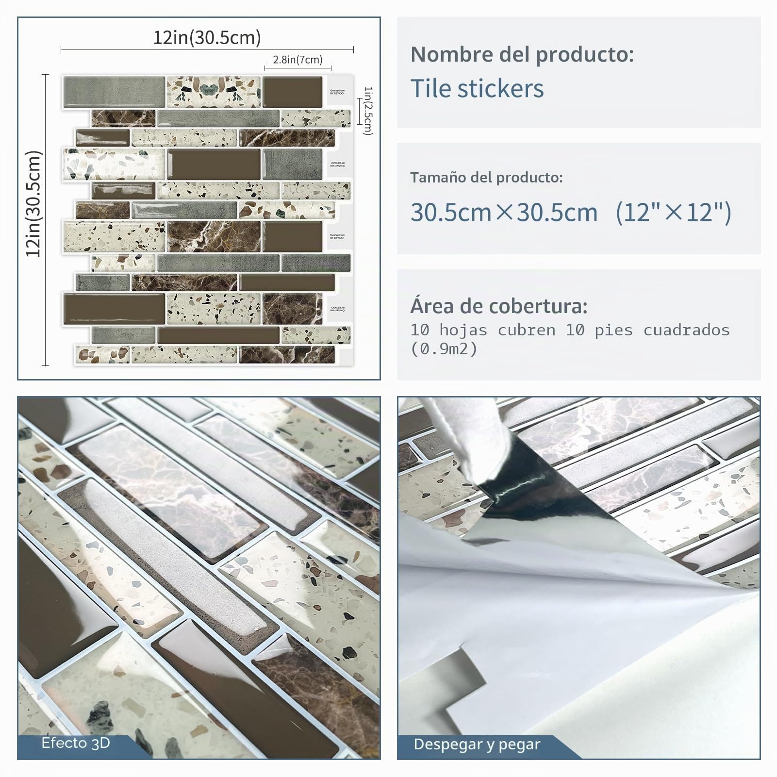 DEWOO Azulejos autoadhesivos 3D para pared, color marrón, 10 hojas