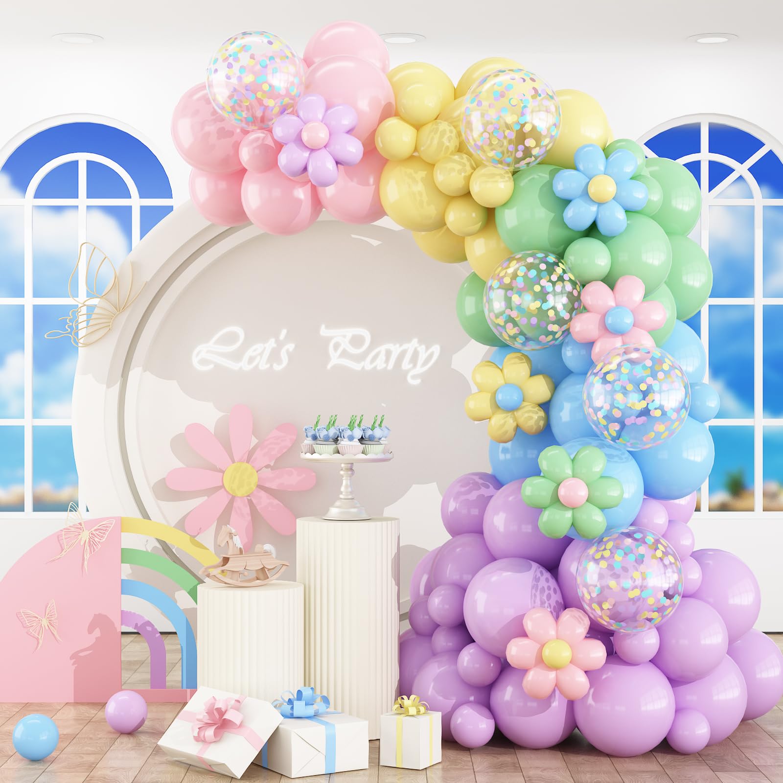 HILAVO Pastel Balloon Arch Kit Macaron Pink Blue Green Purple Yellow Pastel Color Rainbow Confetti Latex Party Balloons Garland for Easter Birthday