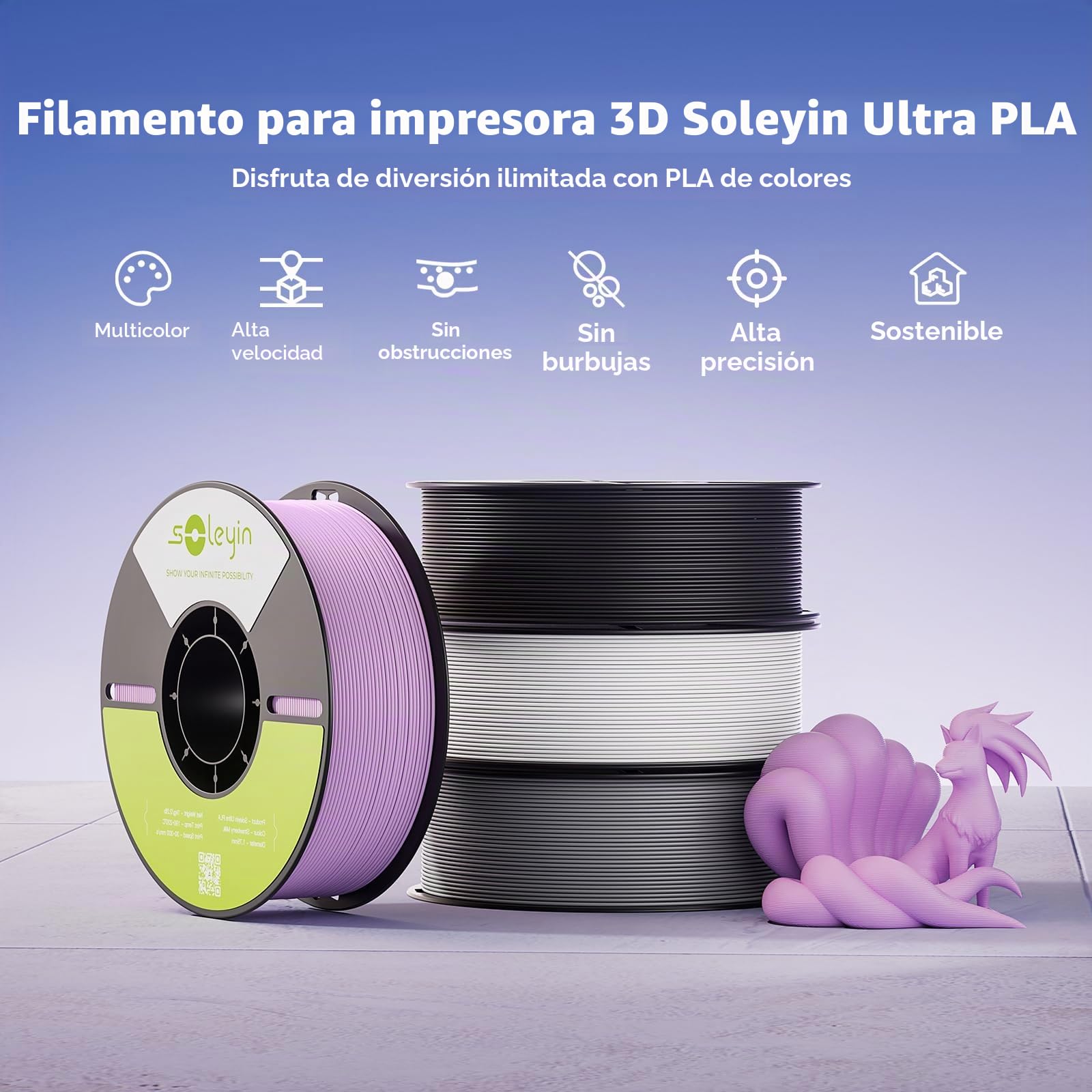 FILAMENTO SOLEYIN ULTRA PLA 1.75MM, PAQUETE DE PLA 10KG NEGRO/BLANCO/GRIS/ROJO/AMARILLO/NARANJA/AZUL/VERDE CLARO/VERDE/PÚRPURA