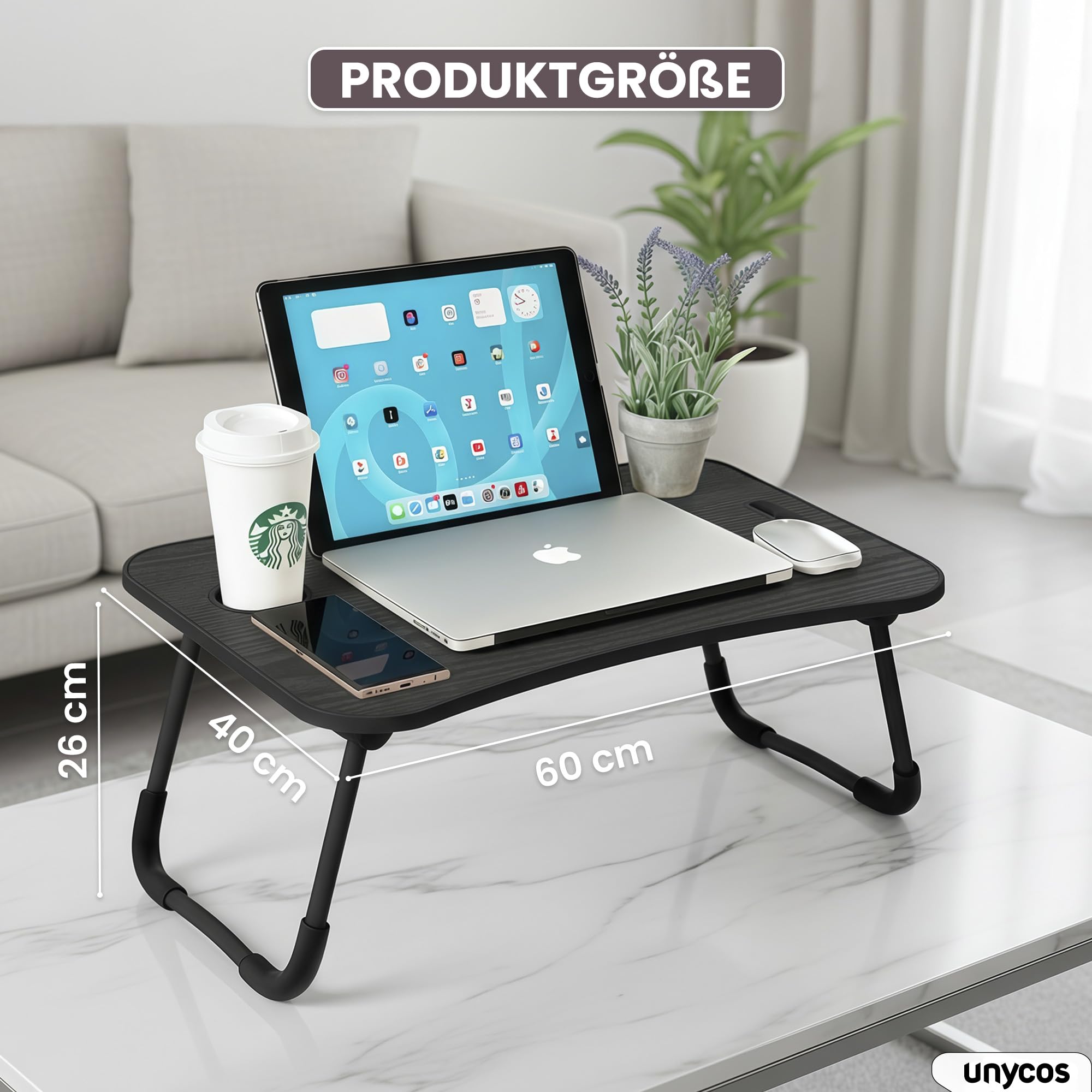 unycos - Betttablett Klappbar, Frühstückstablett mit Griff und Getränkehalter, Serviertisch, Ideal für Lesen und Arbeiten, Auch als Lapdesk Verwendbar 60x40x26 cm (Schwarz Neu ohne Schublade)