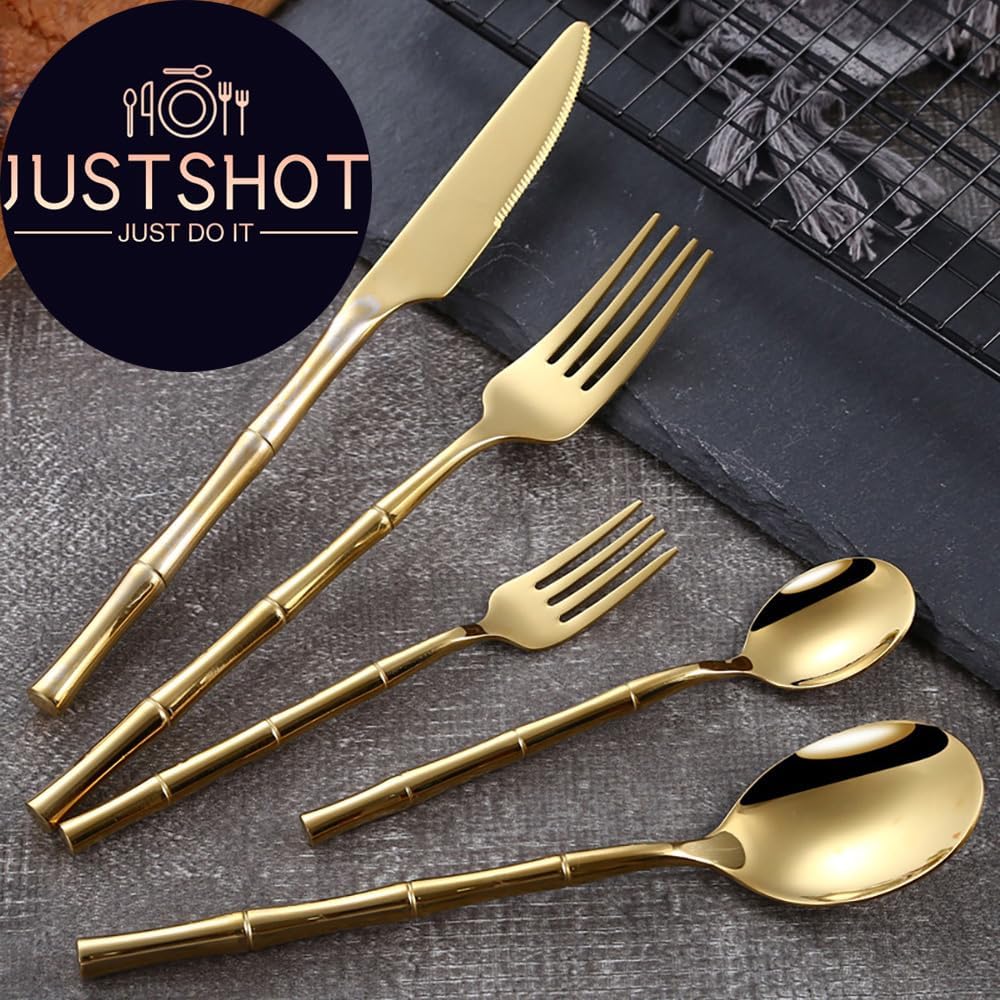 JUSTSHOT 60 Pieces Gold Plated Flatware Set for 12,Unique 1810 Stainless Steel Bamboo Pattern Handle Cutlery Set,Gold Forks and Spoons Bamboo Silverware Set,Mirror Polished,Dishwasher Safe