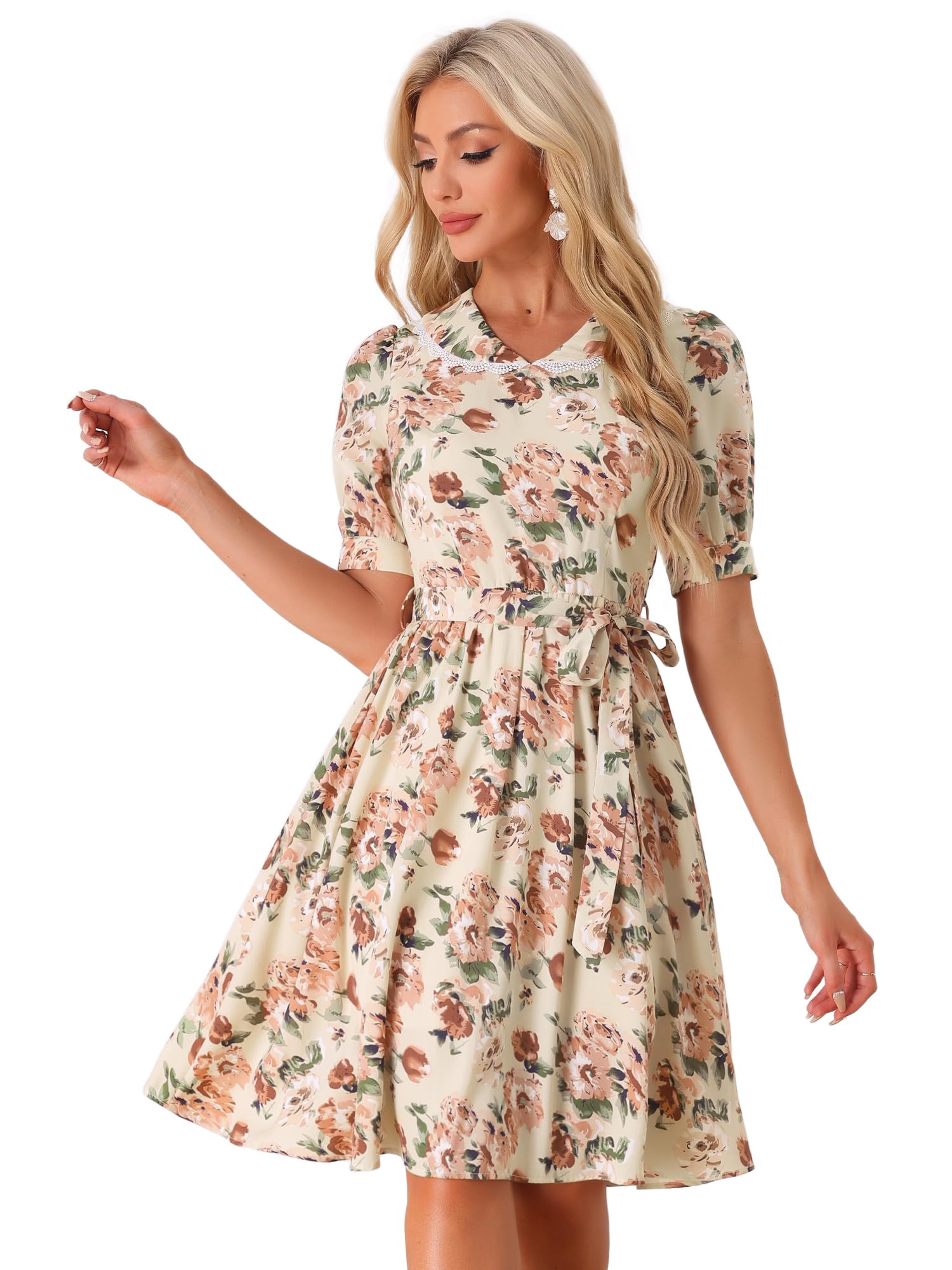 Allegra K Womens Vintage Peter Pan Collar Flowy Midi Floral Dress