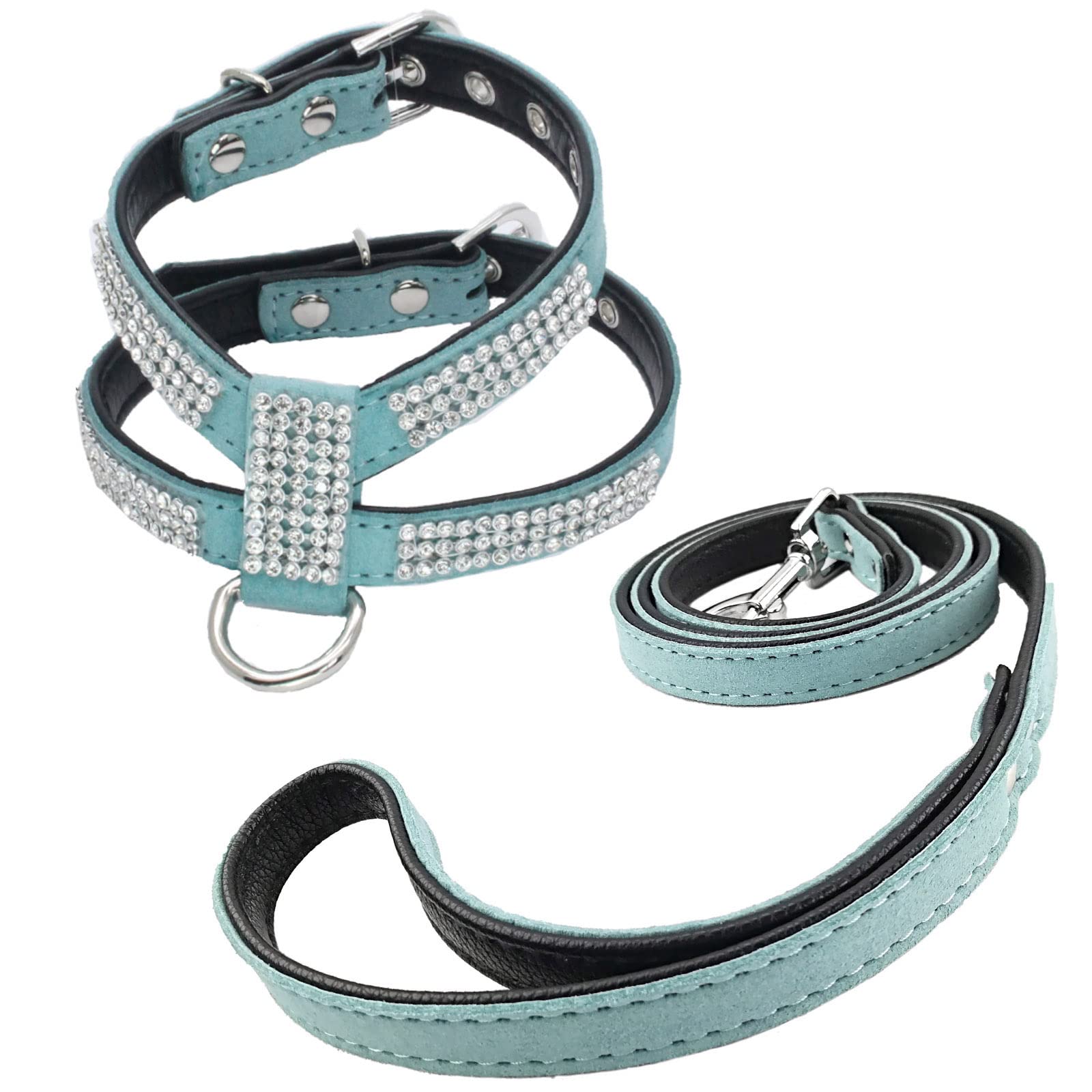 Newtensina Fashion Dogs Harness with Diamantes and Lead Cute Girl Bling Small Dog Harness with Leash for Dogs - Blue - S
