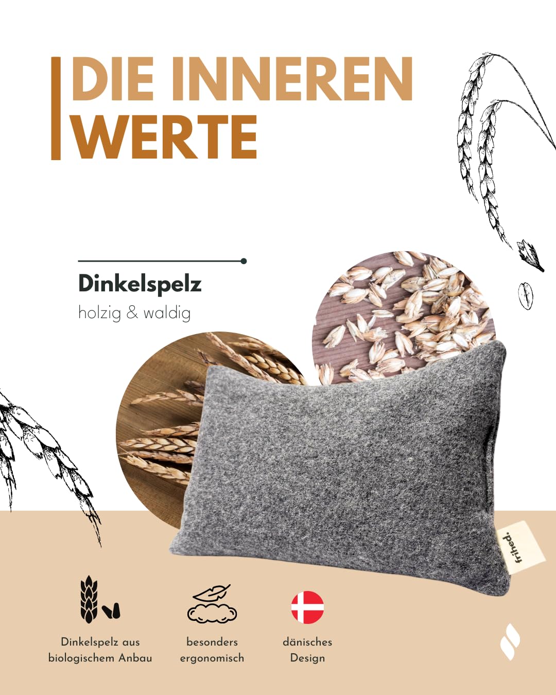 frihed® Wellnesskissen mit Dinkelspelz - 35x25 cm - Schlafkissen - 100% Wollwalk - Nackenkissen für Zuhause, Ruheraum & Entspannung - 100% Schafschurwolle - handgefertigt in Lüneburg