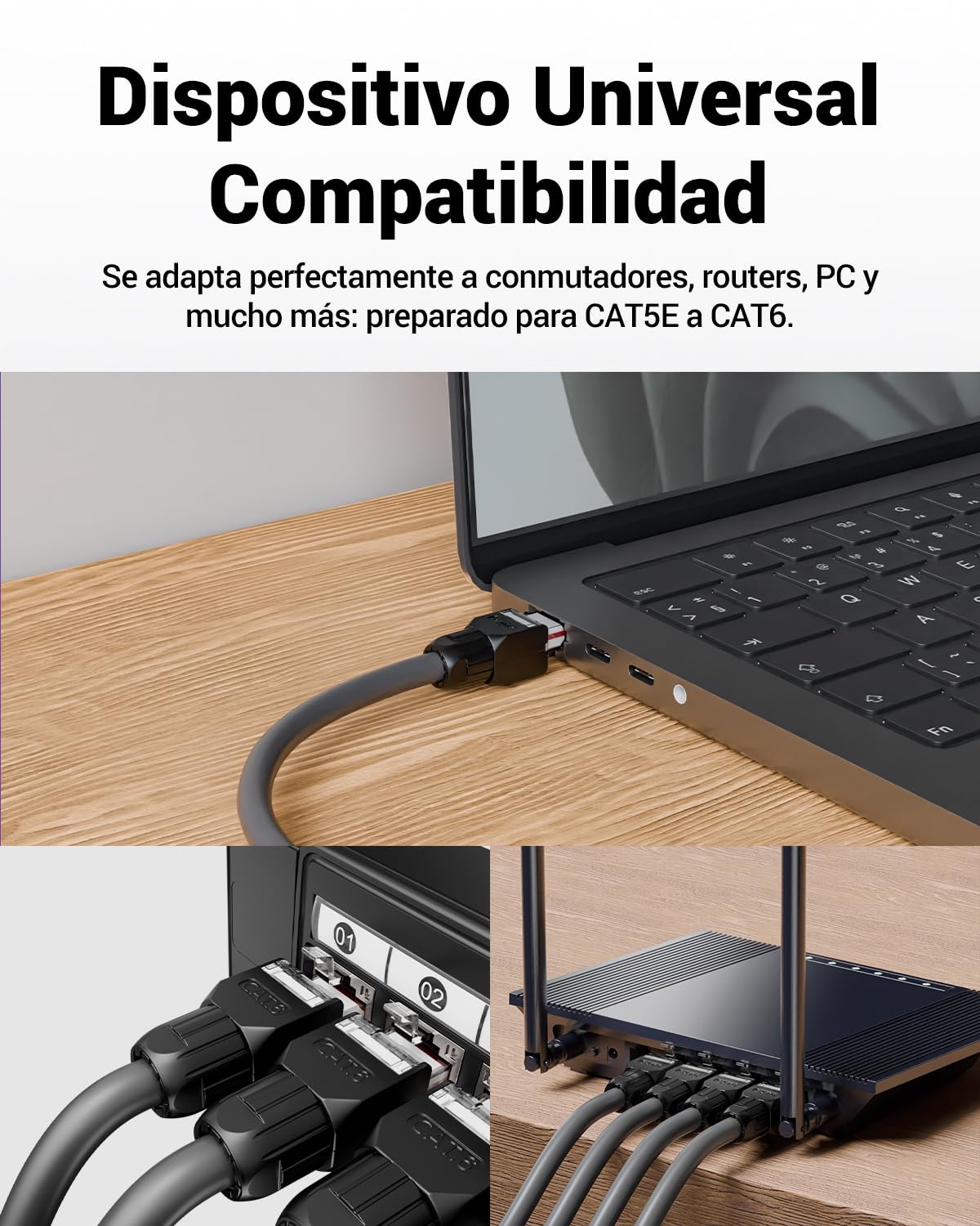 VCELINK Cat6 Conector RJ45 Sin Herramientas LSA, 1000 Mbps/250 MHz, Compacto y Reutilizable, Clavija RJ45 UTP Bañado en Oro para Cable de Red AWG 23-26, Compatible con PoE, Negro, 6 Unidades