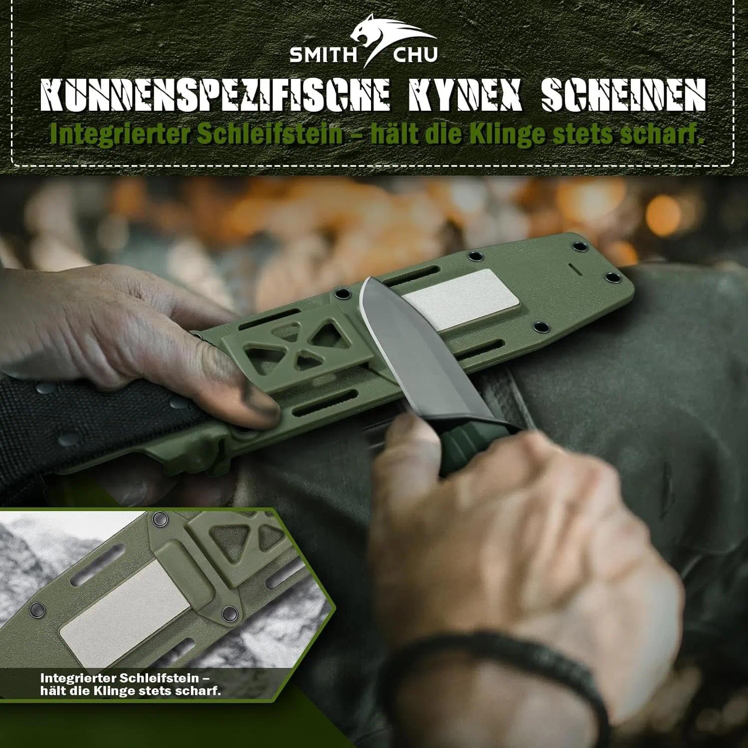 SMITH CHU Outdoor Messer Feststehend, Survival Messer für Trekking Camping, Kydex Scheide mit Schleifstein, Ergonomischer Griff, Grün Bushcraft Ausrüstung, Geschenke für Männer
