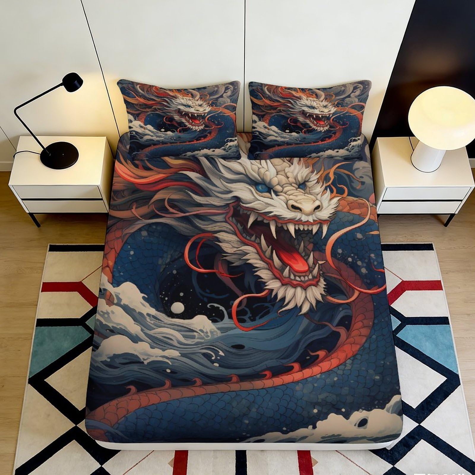 3D Printed Oriental Dragon Fitted Sheet Microfiber Deep Pocket Non-Slip Bedroom Bedding Oriental Dragon Mattress Fitted Cover 140x200x25cm