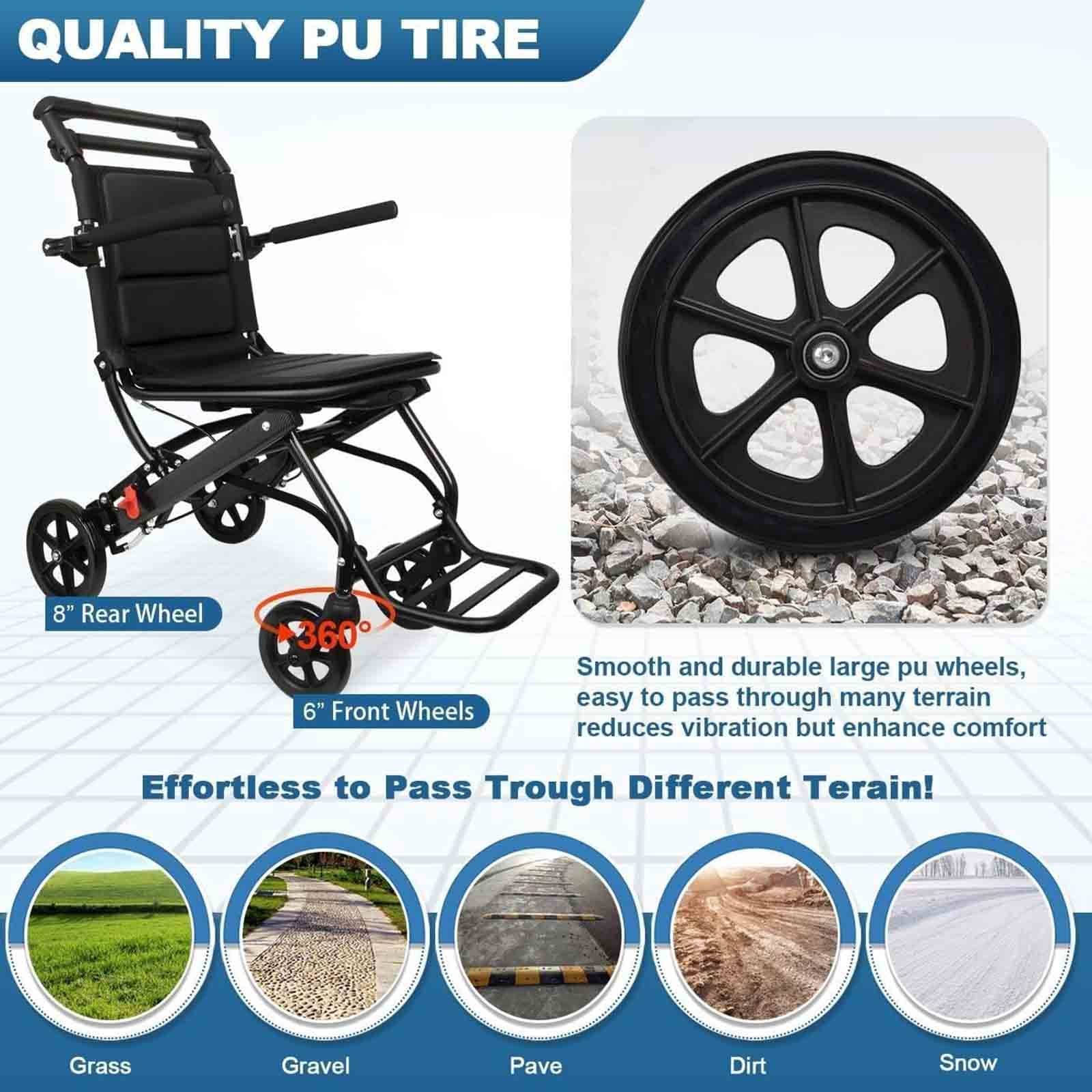 Silla de ruedas de transporte plegable y ultraligera que pesa sólo 15 libras, silla de viaje de transporte ligero que soporta 220 libras, silla de ruedas de aluminio para adultos y personas mayores (