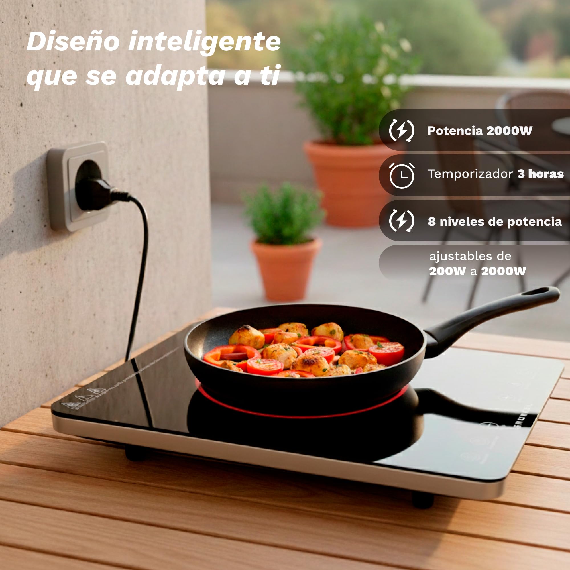 Placa de cocción por Infrarrojos de GRUNKEL IFR-2000 y 2000W, 8 Niveles, 29x37cm, Control Táctil, Temporizador. Ventilador automático enfriamiento tras uso. Superficie de cristal.