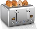 SEEDEEM 4 Slice Stainless Toaster with LCD Display, 7 Shade Settings, Wide Slots, Bagel/Defrost/Reheat Functions, Removable Crumb Tray, 1800W