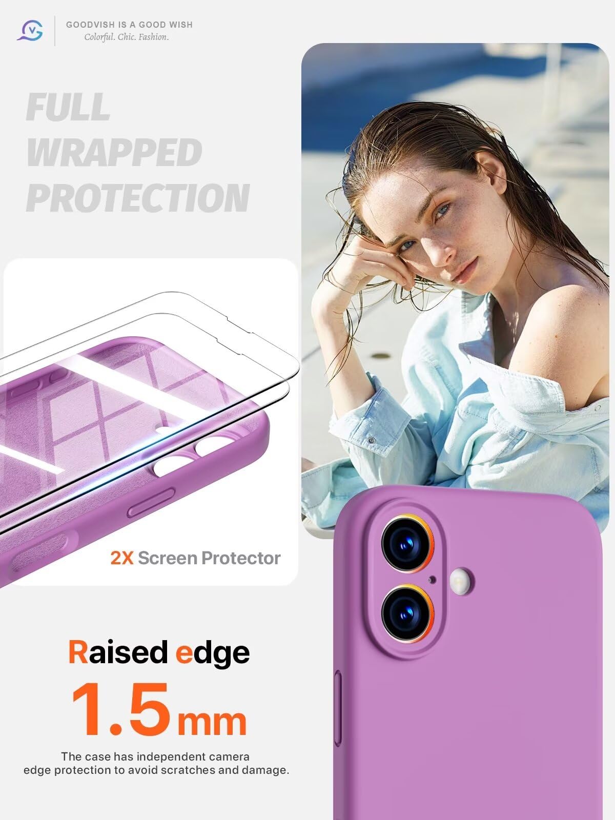 GOODVISH 3 in 1 Silicone Cover per iPhone 16 6.1", Custodia con 2 Pellicola Vetro Temperato [Protezione Fotocamera] 360° Protezione Anticaduta Case per Cellulare Antiurto Resistente, Taro Viola