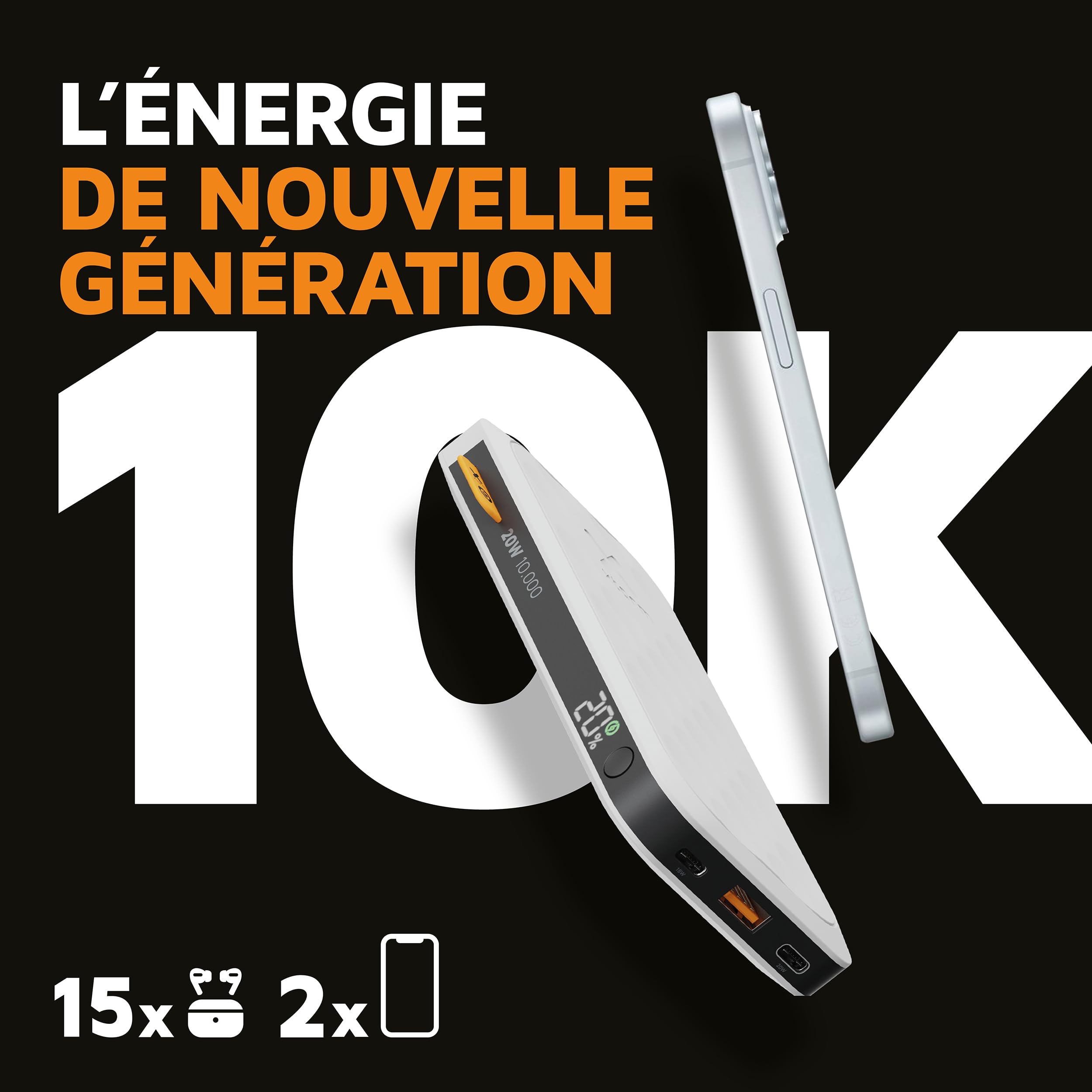 Xtorm Fuel Series 5 Powerbank 20W, 10 000 mAh, 2 x USB-C / 1 x USB-A, Résistant en Avion, Convient pour Samsung et iPhone, Dusk White