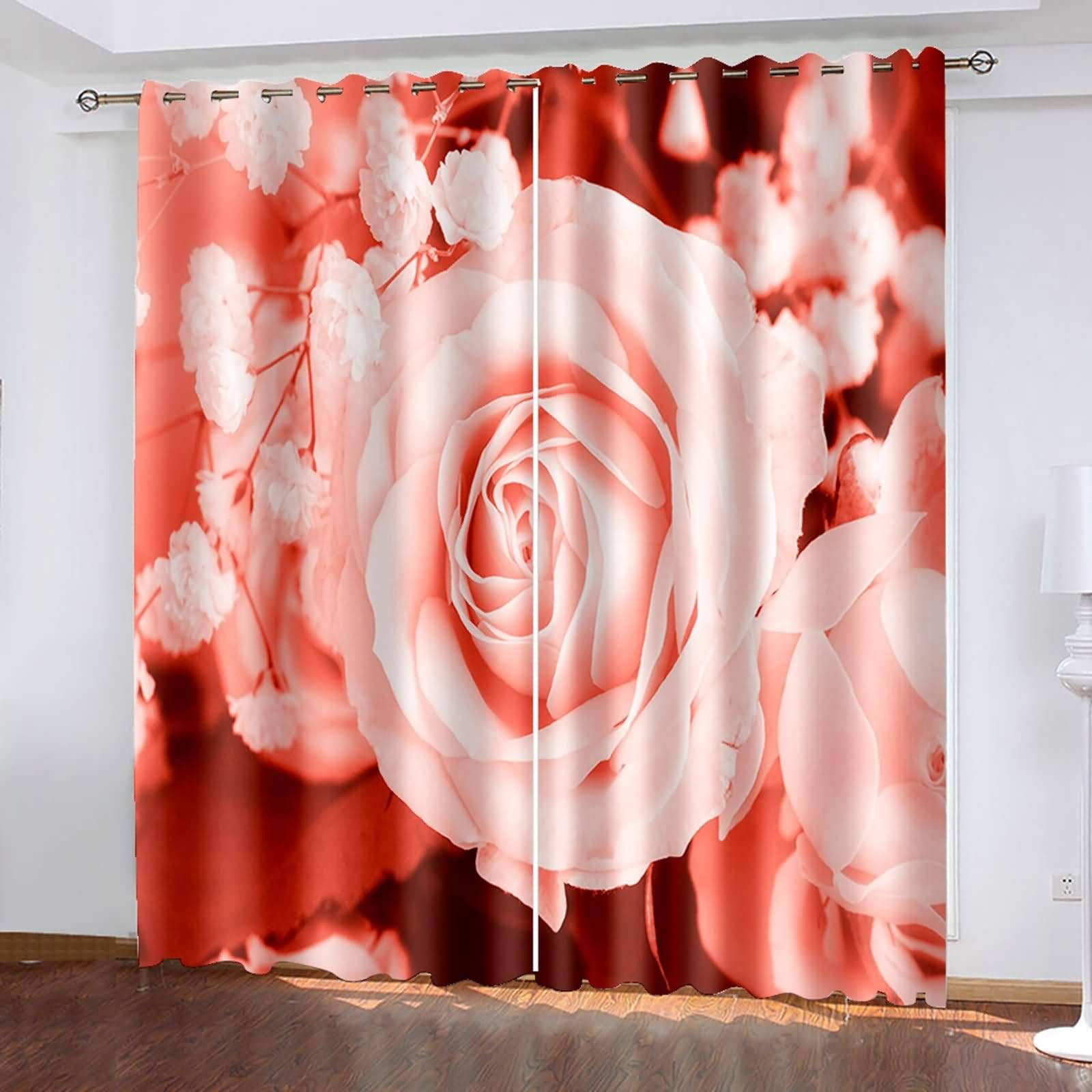 2er Pack Blickdichte Vorhänge Thermo,2 x 244W x 229H cm,Gardinen Set Ösen Rosa Blumenmuster Rot Rose Vorhänge für Küchen Modern