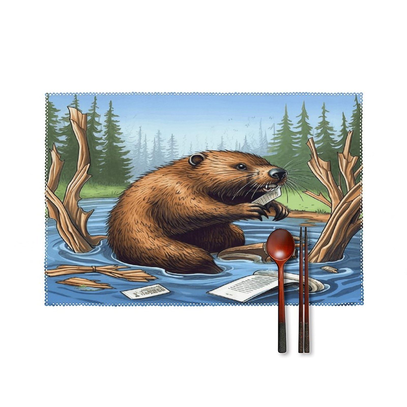 Busy Beaver Cartoon Placemats Set of 6 Non-Slip Heat Resistant Table Mats Canvas Washable Cloth Place Mats Easy to Clean Premium Placemat for Kitchen Dining Table Decoration