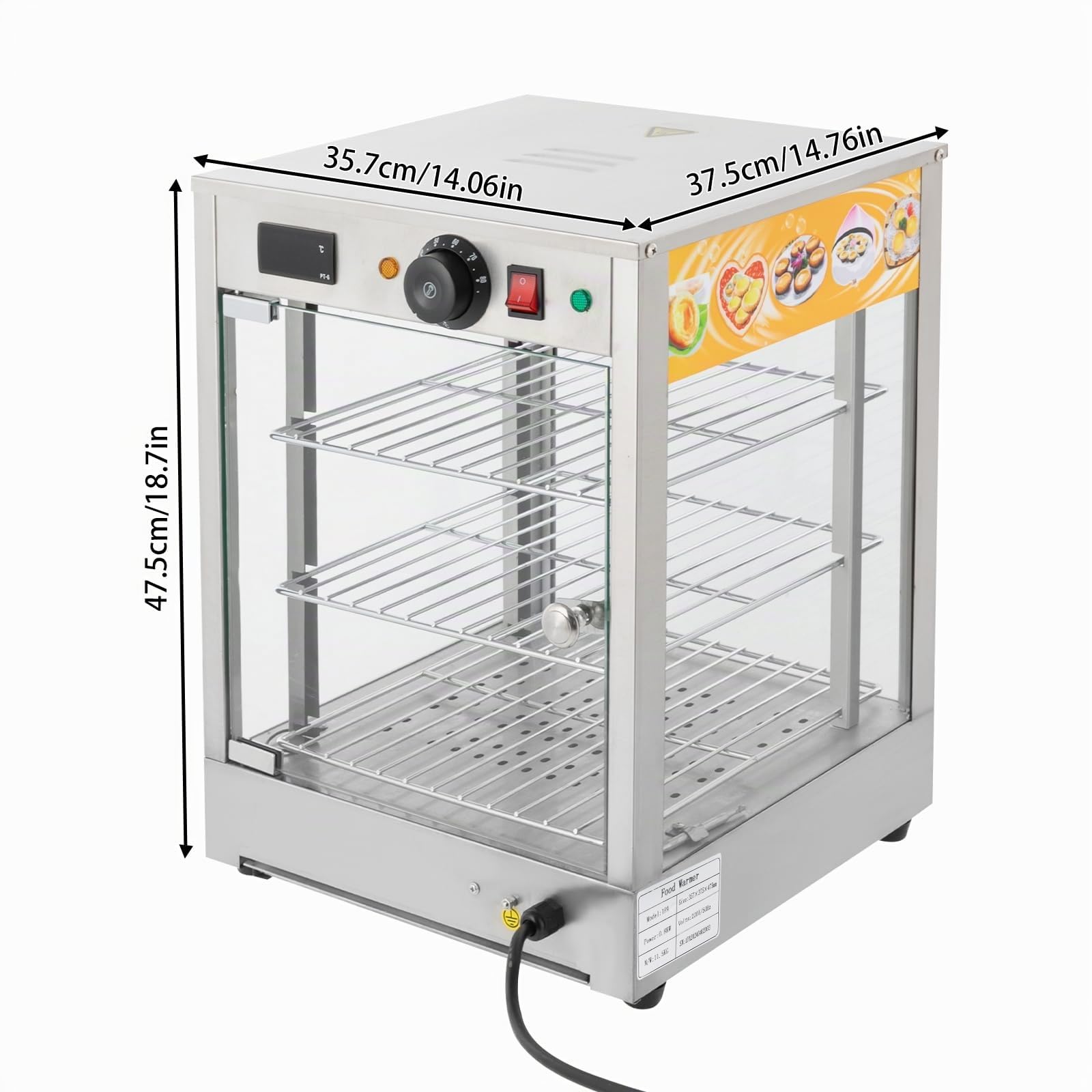 Vitrina de acero inoxidable 3 niveles, 800 W, mostrador de calor iluminado, 30-85 °C