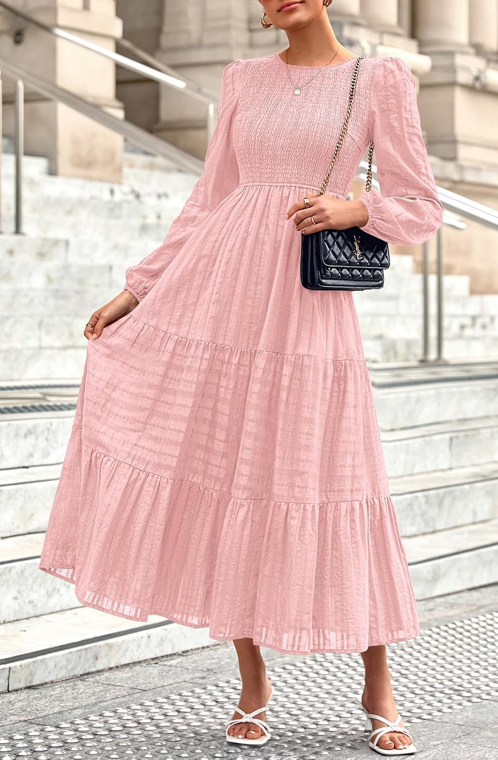 PRETTYGARDEN Womens Long Sleeve Fall Dresses Casual Crew Neck Smocked High Waist Tiered Flowy Maxi Dress with Pockets - Image 2