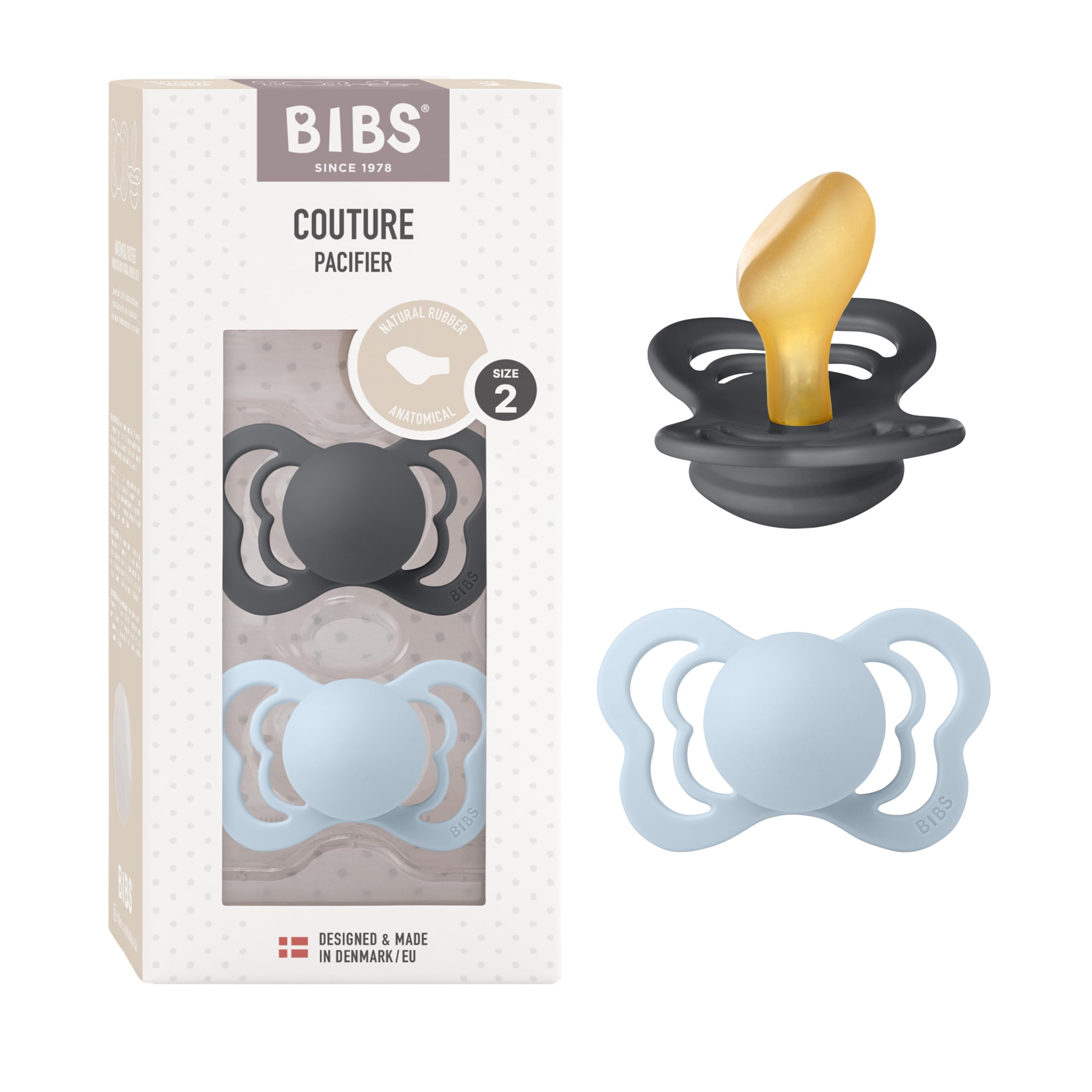 BIBS Couture Natural Rubber Baby Pacifier - Anatomical & Soft Nipple, Gentle Shield Prevents Skin Irritation & Moisture Buildup, 100% Food Grade, BPA Free Soother, 6-18 Months, Pack of 2, Iron & Blue-image-16