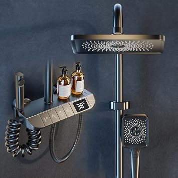 Shower Faucet Set Complete Gray LED Digital Display Mixer Shower System, Bathroom Shower Combo Set with Adjustable Rain Shower Head and 3-Setting Hand Shower