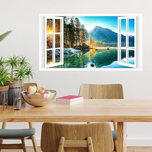 Miniatura 4 de Calcomanías de pared grandes de lago de montaña 3D, calcomanías de pared falsas extraíbles para despegar y pegar, mural de pared de paisaje, paisaje