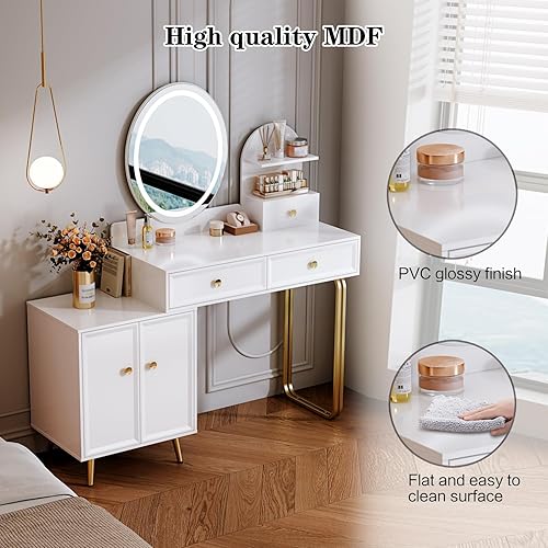 Miniatura 8 de Escritorio de tocador moderno negro, tocador de maquillaje retráctil, con espejo LDE y 2 cajones espaciosos, escritorio de maquillaje con gabinete,