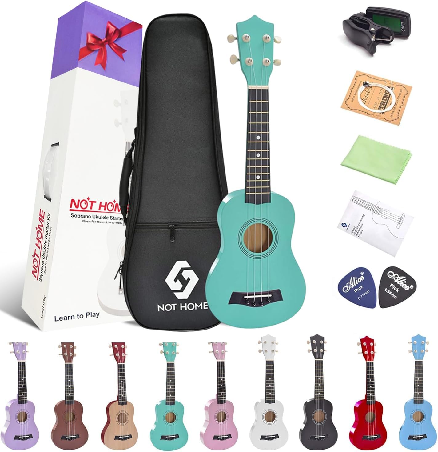 Soprano Ukulele Beginner Pack, 21 Inch Basswood kids Ukuleles Starter Kit with Gig Bag Spare Strings Tuner and Picks. (green)