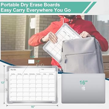 16 x 12 Dry Erase Monthly Calendar Whiteboard for Wall, Magnetic Double-Sided Portable Hanging White Board w. 12pcs Magnetic Pen, 6 Magnets & Eraser for Planning Memo to-do-List (2 Packs)