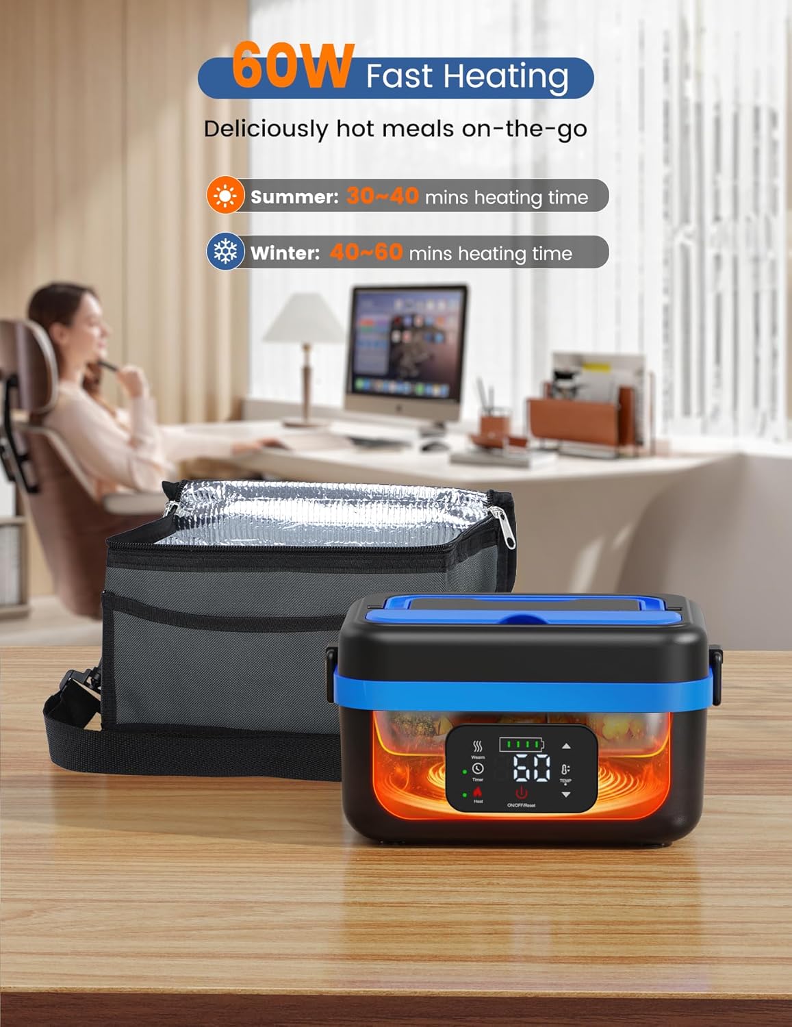Luckit Cordless Electric Lunch Box for Adults, 16000mAh Battery-Powered Heated Lunch Box, 1L Rechargeable Self-Heating Food Warmer with Fork & Spoon and Insulated Bag for Work, Travel, Car, Office