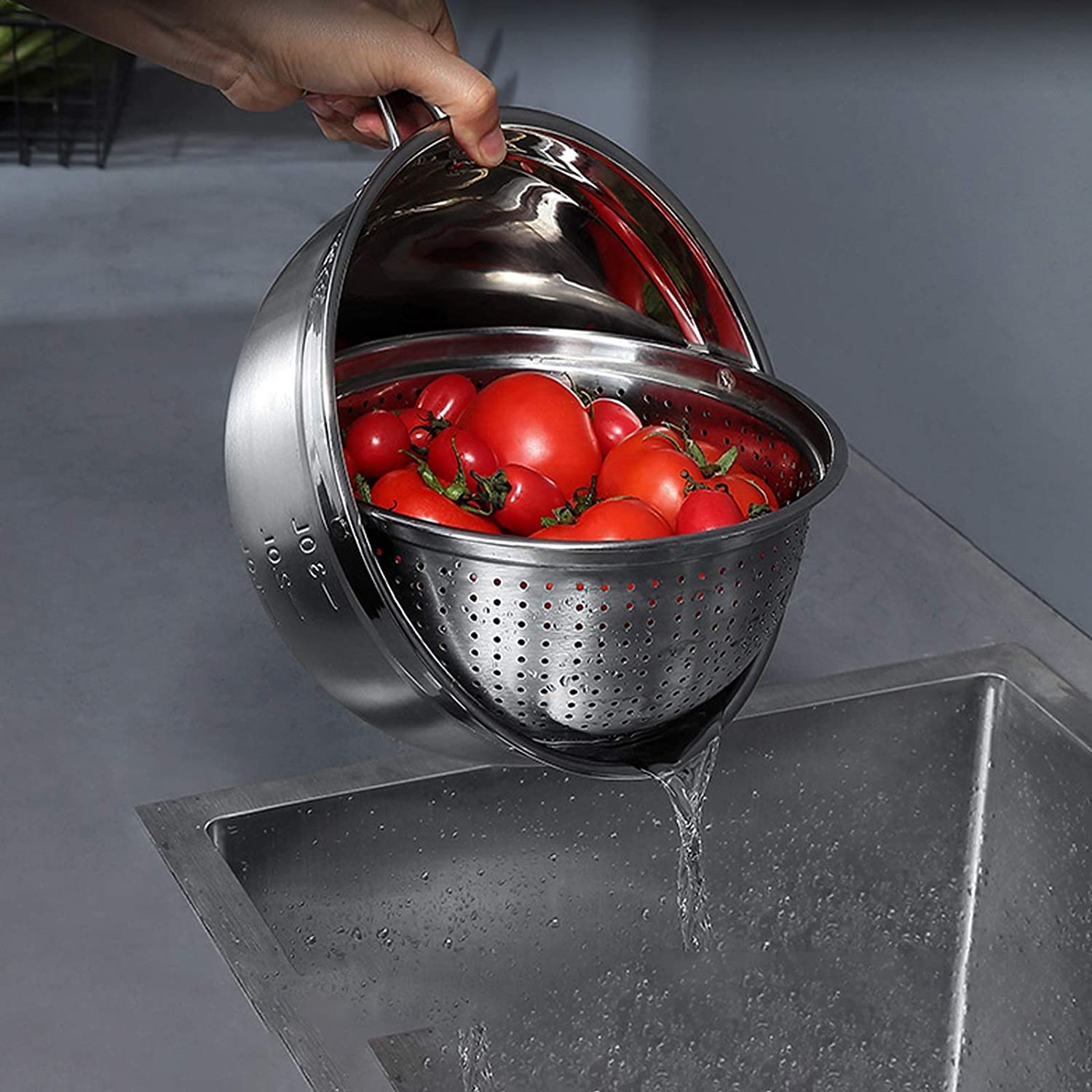 Set Ciotola E Scolapasta In Acciaio Inox 2 In 1 - Quadrato, 32.5 Cm, Per Lavare E Scolare Verdura, Pasta, Riso
