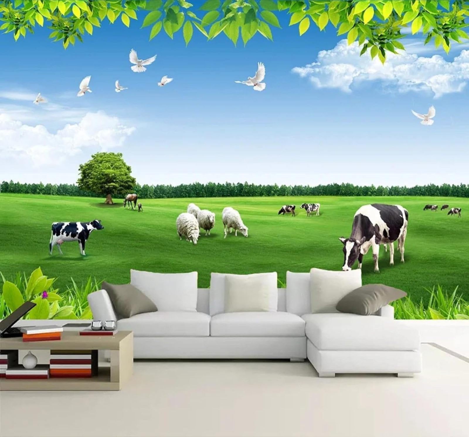 XLMING Blue Sky White Clouds Herd of Cattle Grassland Natural Scenery 3D Wallpaper Premium Textured Silk Study Dining Living Room Bedroom Sofa TV Wall Easy Install-200cm×140cm