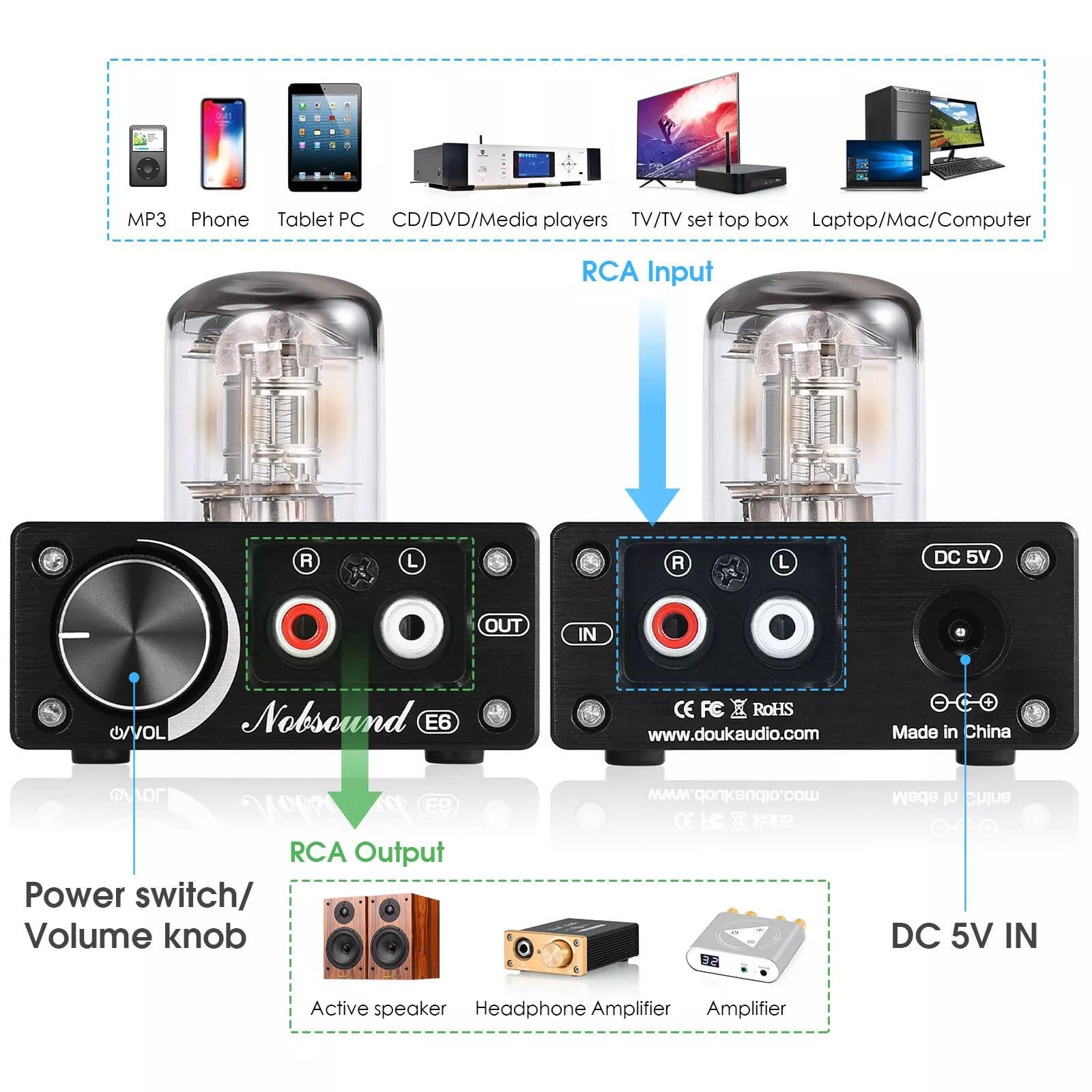 Nobsound E6 - Preamplificador de tubos de calefacción directa, preamplificador de audio estéreo de escritorio con ajuste de volumen