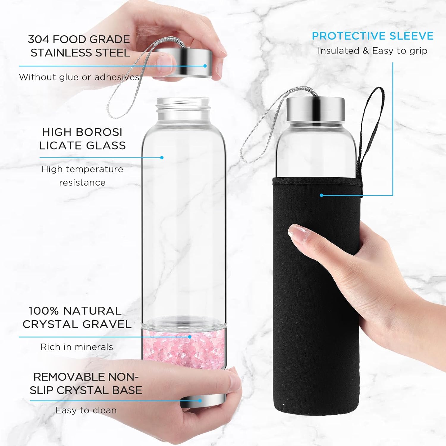 meekoo 2 Pieces Crystal Glass Water Bottle with Gemstone Center Natural Amethyst and Rose Quartz Clear Water Bottle Quartz Crystal Cup Energy Cup for Healing and Wellness