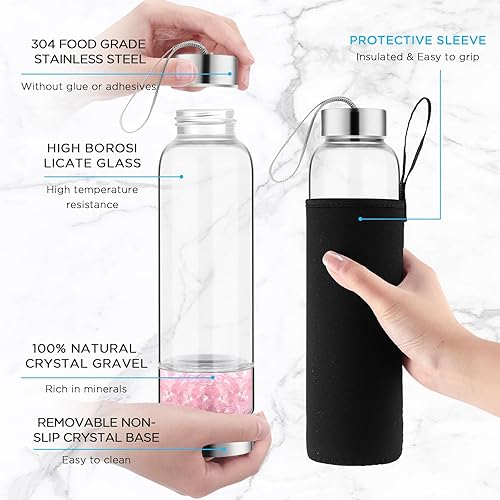 Miniatura 3 de meekoo Botella de agua de cristal de 2 piezas, botella de agua transparente con centro de piedras preciosas, amatista natural y cuarzo rosa, botella