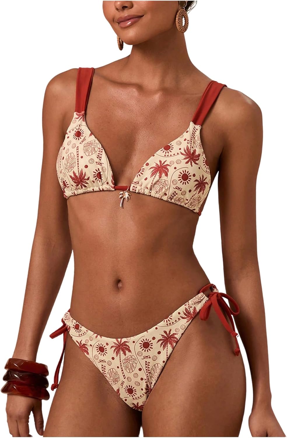 WDIRARA Women's Graphic Boho Bikini Sets Triangle String Swimsuit Tie Side 2 Piece Bathing Suit