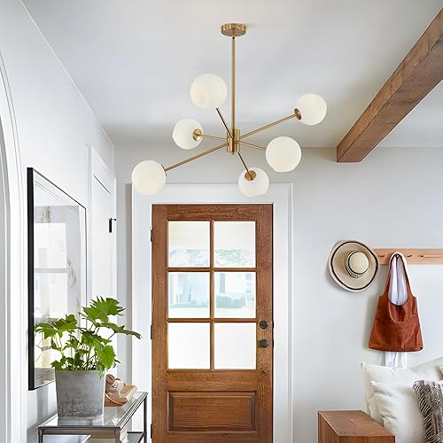 Miniatura 9 de BOKT 6 luces modernas Sputnik Candelabros Globo Luminaria Farmhouse Milk Glass Lámparas colgantes Isla de Cocina Oro y Blanco Sputnik Lámpara