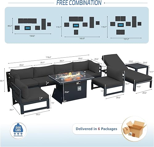 Miniatura 406 de NICESOUL 7 Piece White Powder-Coated Aluminum Patio Furniture with Fire Pit Table, 29 Inch Extra Wide Outdoor Sectional Sofa for 6, High-End Heavy