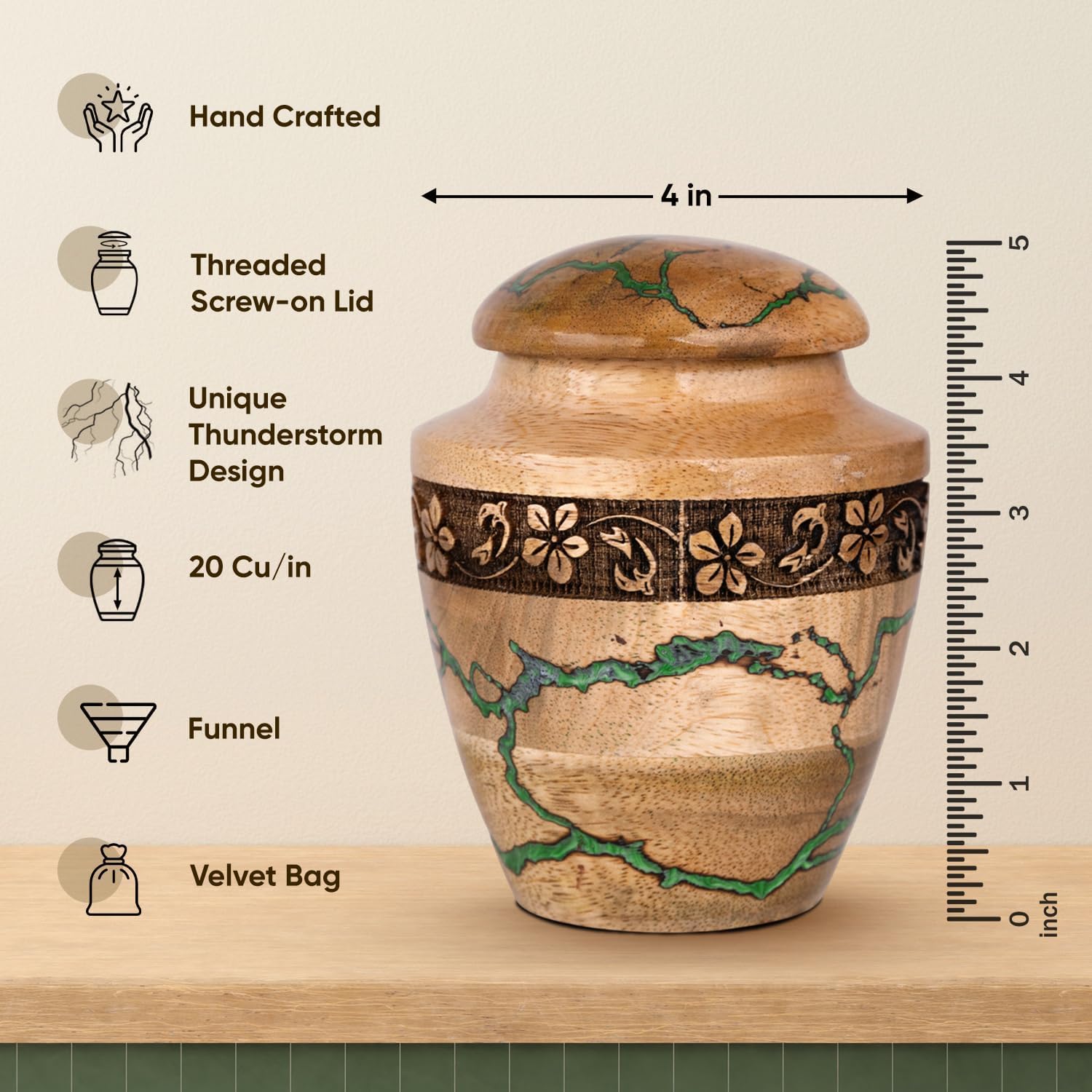 Small Wooden Urns for Human Ashes – 20 lb Green Thunderstorm Pattern Cremation Urn, Decorative Keepsake Burial Container for Ashes Adult Male or Female Memorial Display
