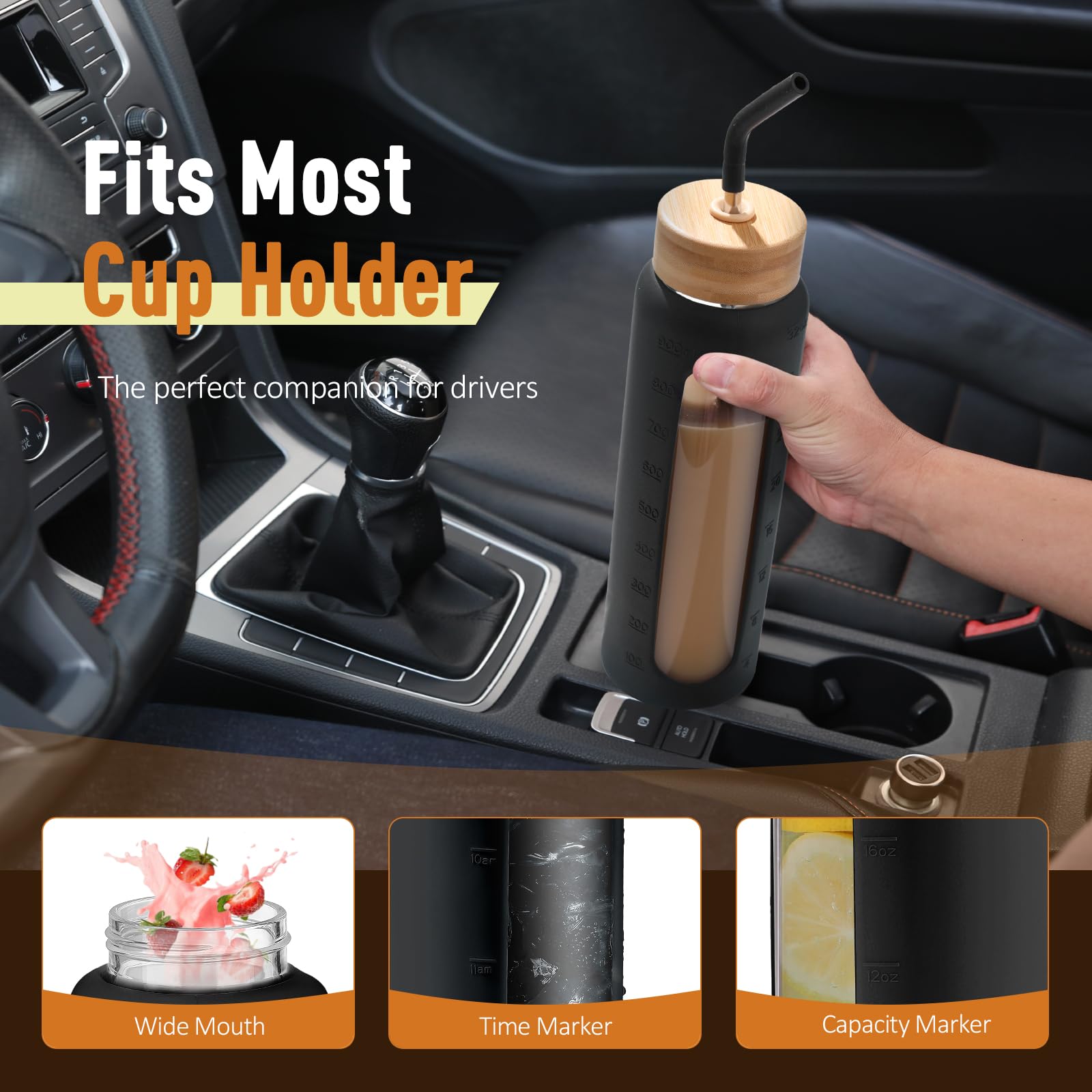 BLUEGO Borraccia Vetro 900ml con 2 Coperchi e Cannuccia, Sportiva Bottiglia d'Acqua con Custodia in Silicone e Indicatori di Tempo, Senza BPA, Nero