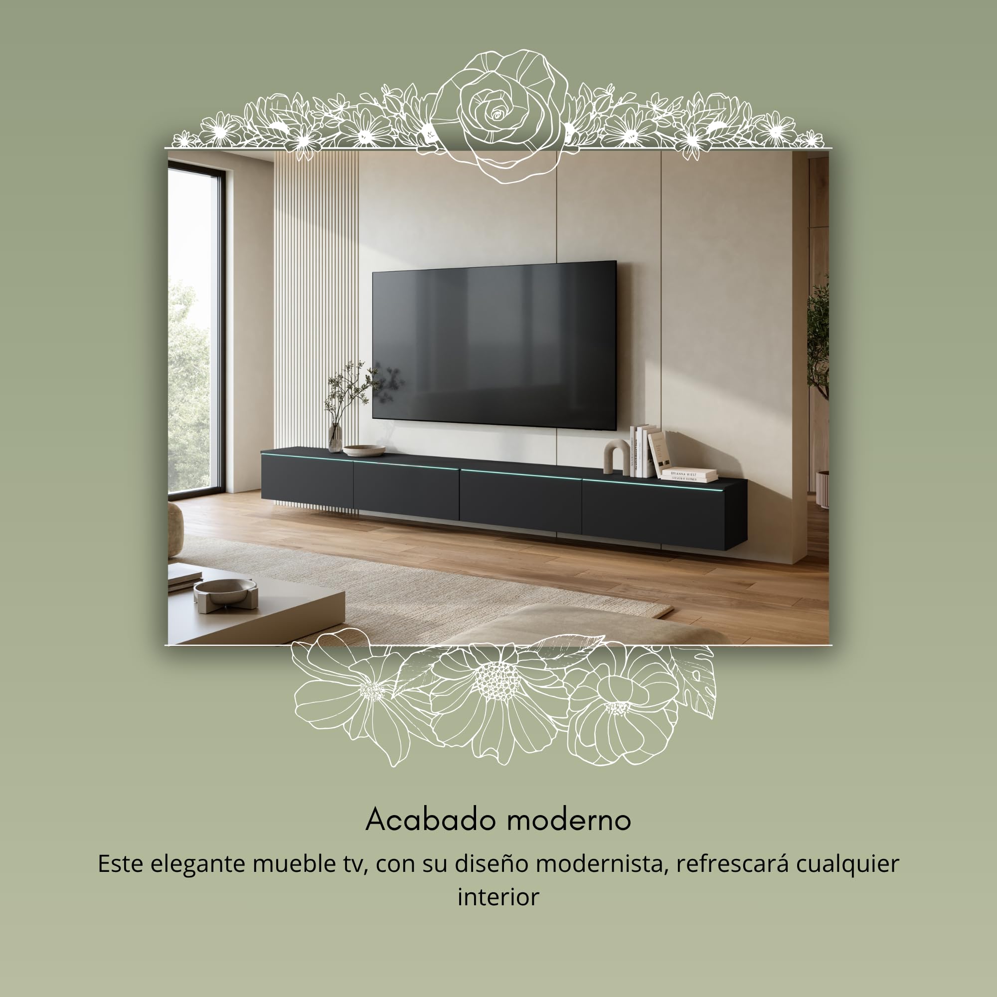 Mueble TV Salon de 4 Puertas con LED - Largo de 300 cm - Mueble Television en Estilo Moderno - Mesa TV para Salón, Comedor, Dormitorio - Mesa de Televisión Salón
