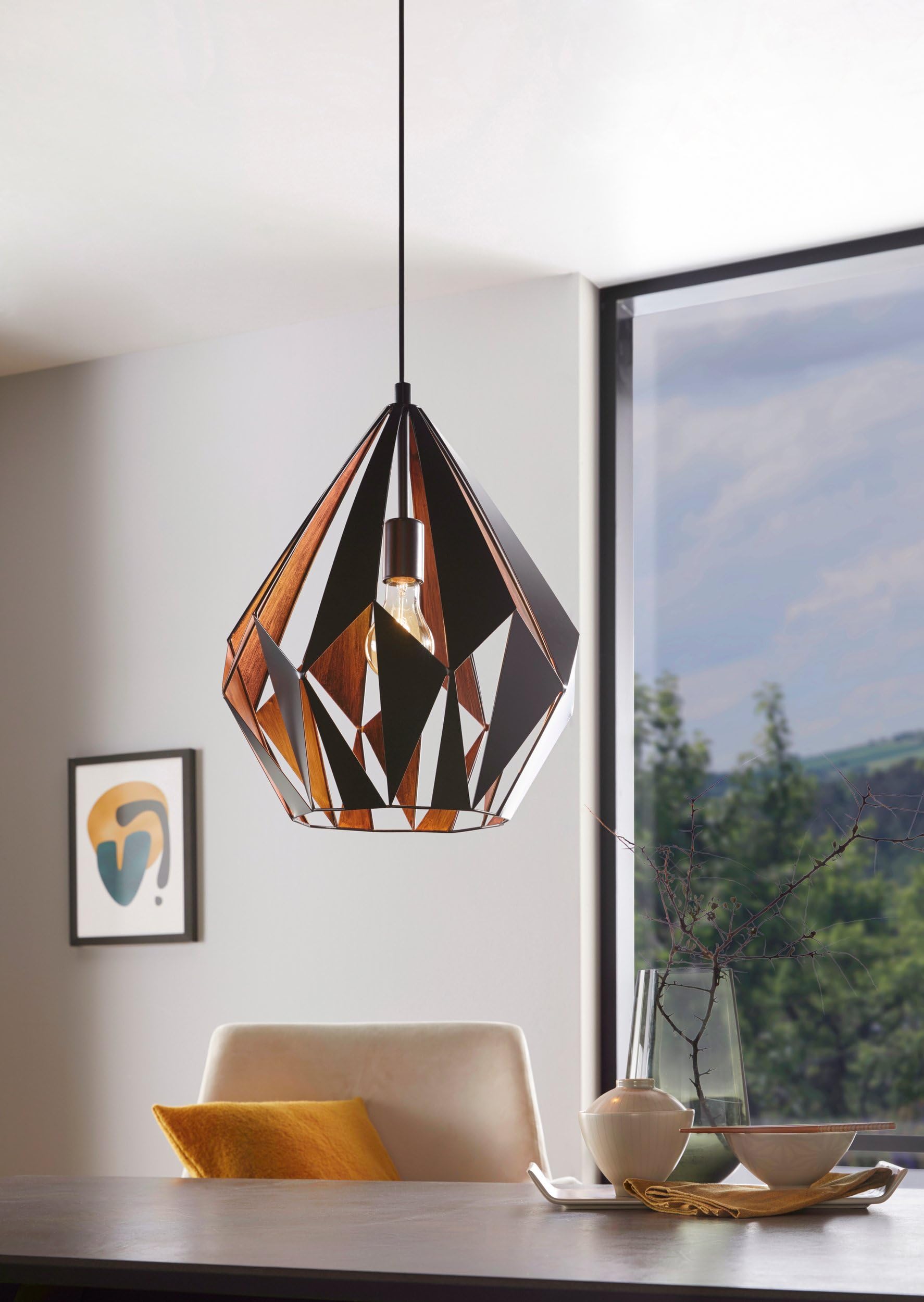 Eglo lampada a sospensione Carlton 1, lampada a sospensione a uno punto | luce vintage, lampada a sospensione retrò in acciaio, nero, rame, attacco E27, diametro di 38,5 cm