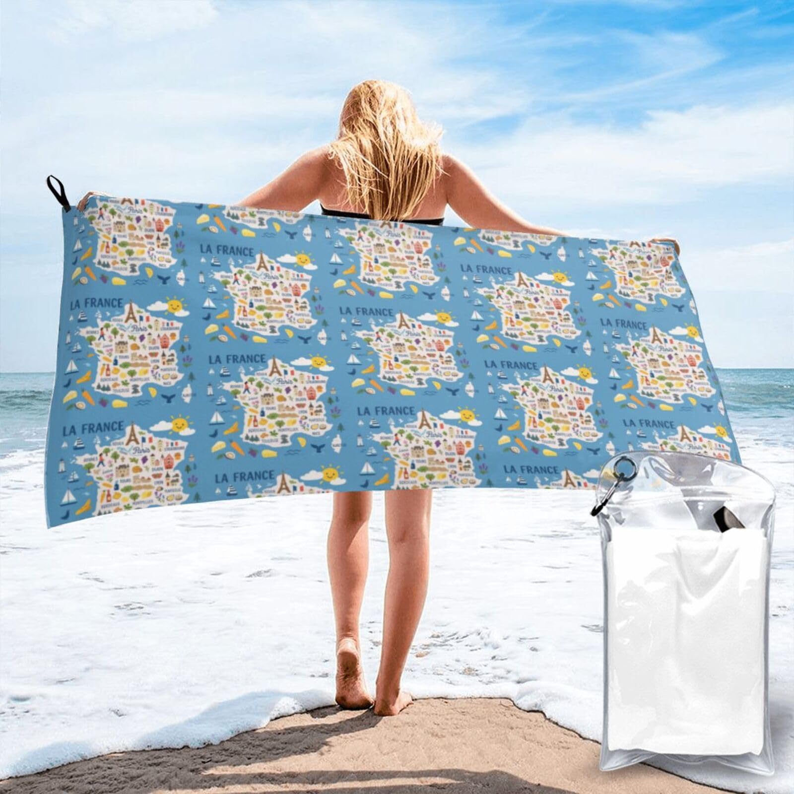 FHIZOAL France Map With Icons Decorat Quick Dry Towel Microfibre Towel Super Absorbent Ultra Compact Gym Sports Beach Camping Travel