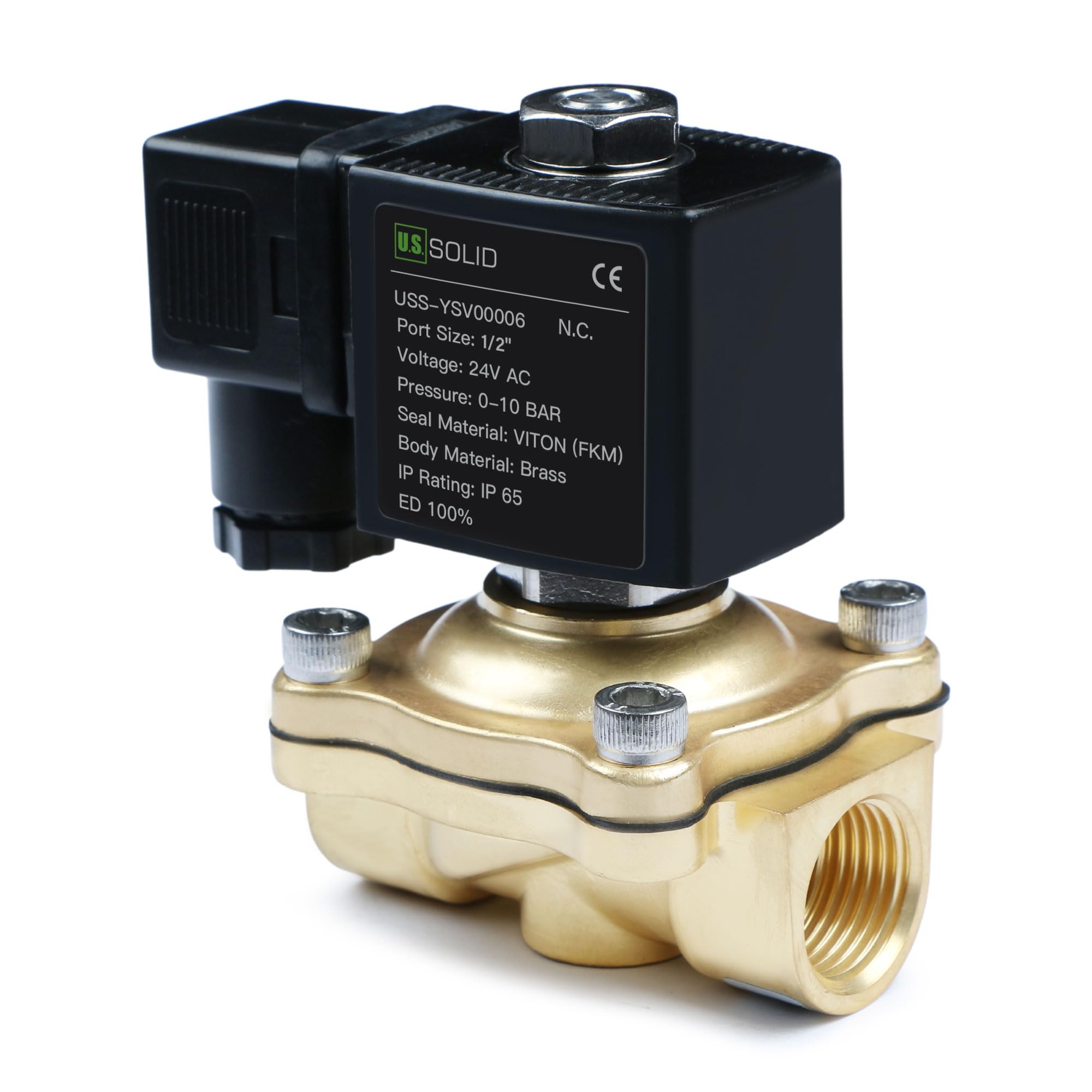 U.S. Solid 1/2" Brass Solenoid Valve - 24V AC, Normally Closed, 10 Bar Electric Valve for Water, Air, Diesel