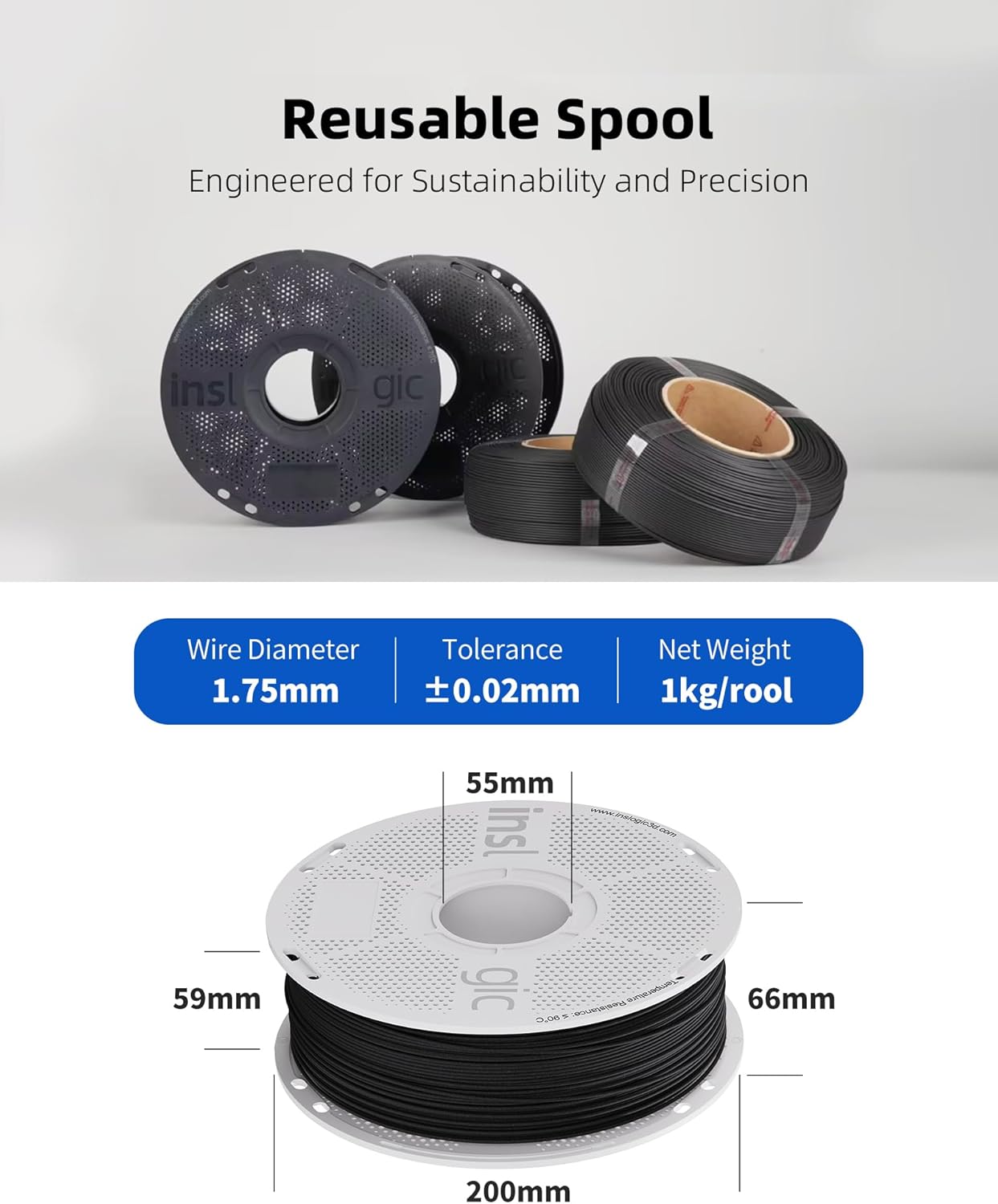 Inslogic PA12-CF Carbon Fiber Filament 1.75mm, High Strength Nylon Filament for 3D Printing, 260-280°C Print Temp, Low Warp & Wear Resistant, Ideal for Functional Parts, 1KG Spool, Black