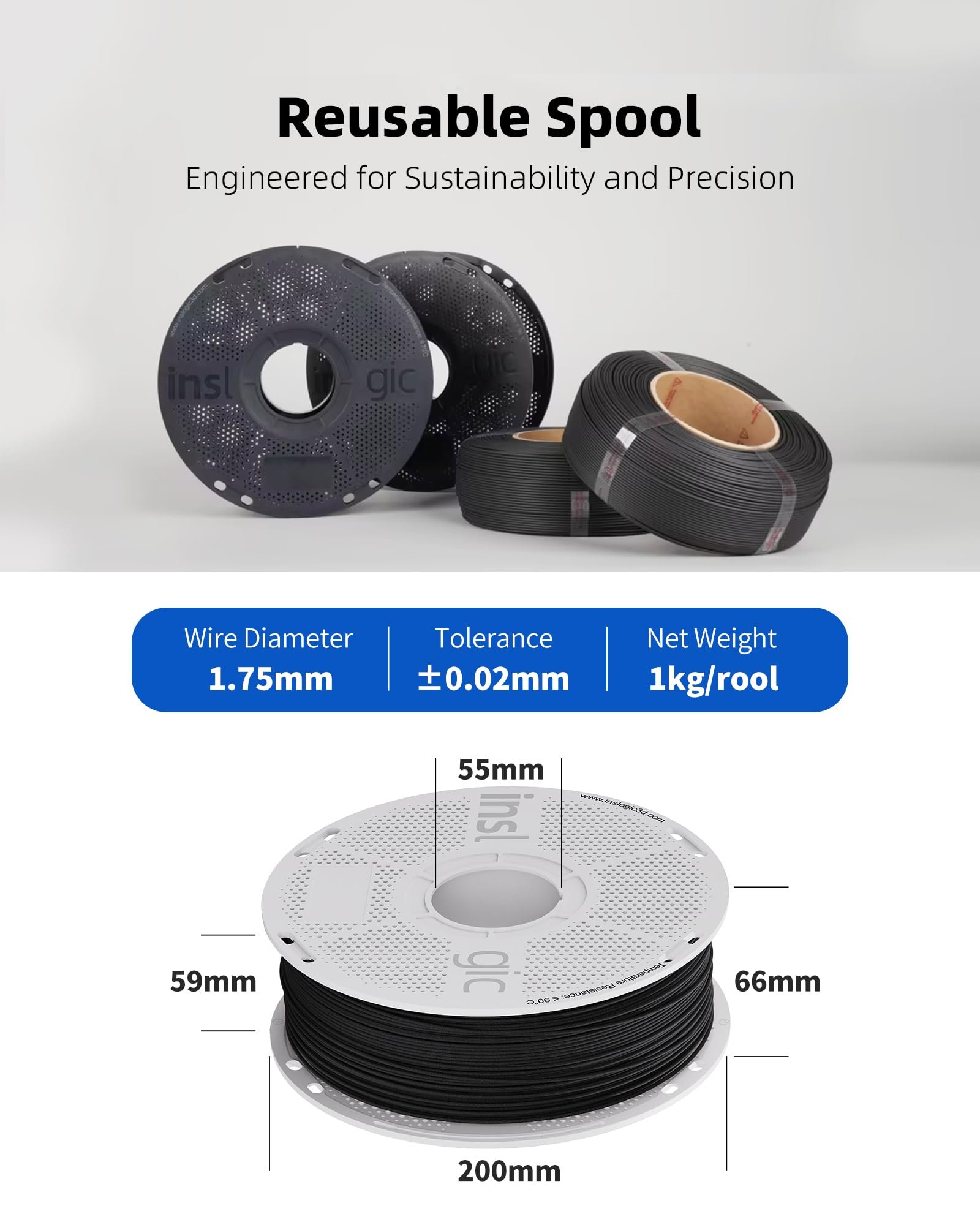 Inslogic Vorgetrocknetes PA12-CF Nylon Filament 1.75mm 1kg Spule, Hohe Festigkeit Kohlefaser 3D Druck Filament, 260-280°C Druck Temperatur, Schwarz