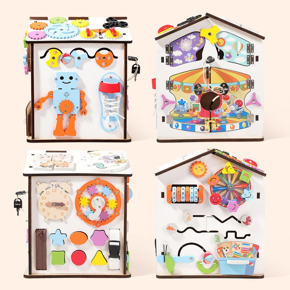 Casa Occupata in Legno Montessori, Cubo Sensoriale per Bambini con Serrature e Chiusure