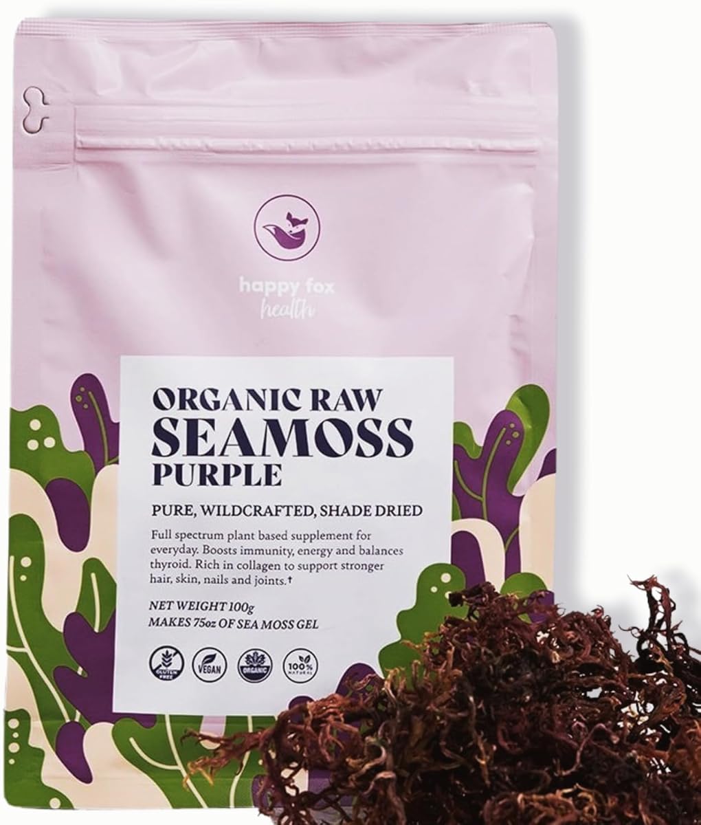 Organic Sea Moss Raw Purple - Makes 75oz of Seamoss Gel Rich in Phytonutrients & Minerals, Certified Non-GMO, Wildcrafted, Superfood - 100 gram Bag