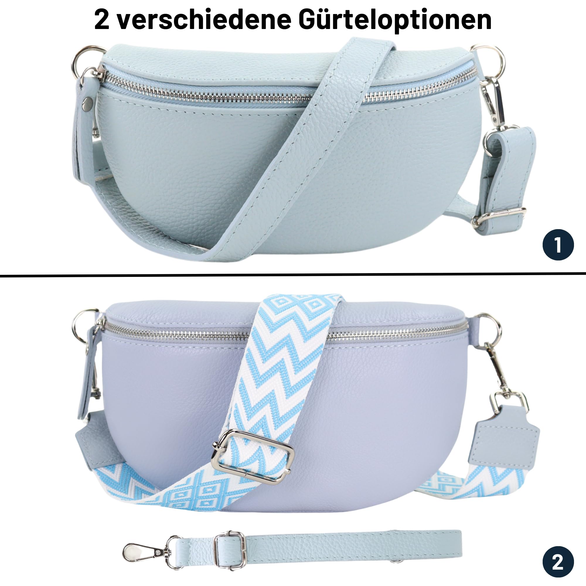 Blade Marsupio da donna in vera pelle, elegante marsupio, da donna, con 2 motivi e pelle staccabili e regolabili, tracolla da donna, tasca sul petto di alta qualità per donne, Blu chiaro-2, m,