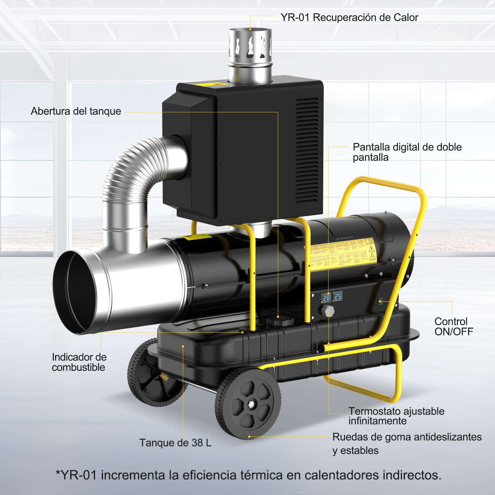 Calefactor Diésel de Indirecta 20 kW - Termoventilador Industrial - Depósito de Gran Capacidad 38 L - Con Ruedas y Termostato Regulable - Para Talleres, Obras y Uso Agrícola