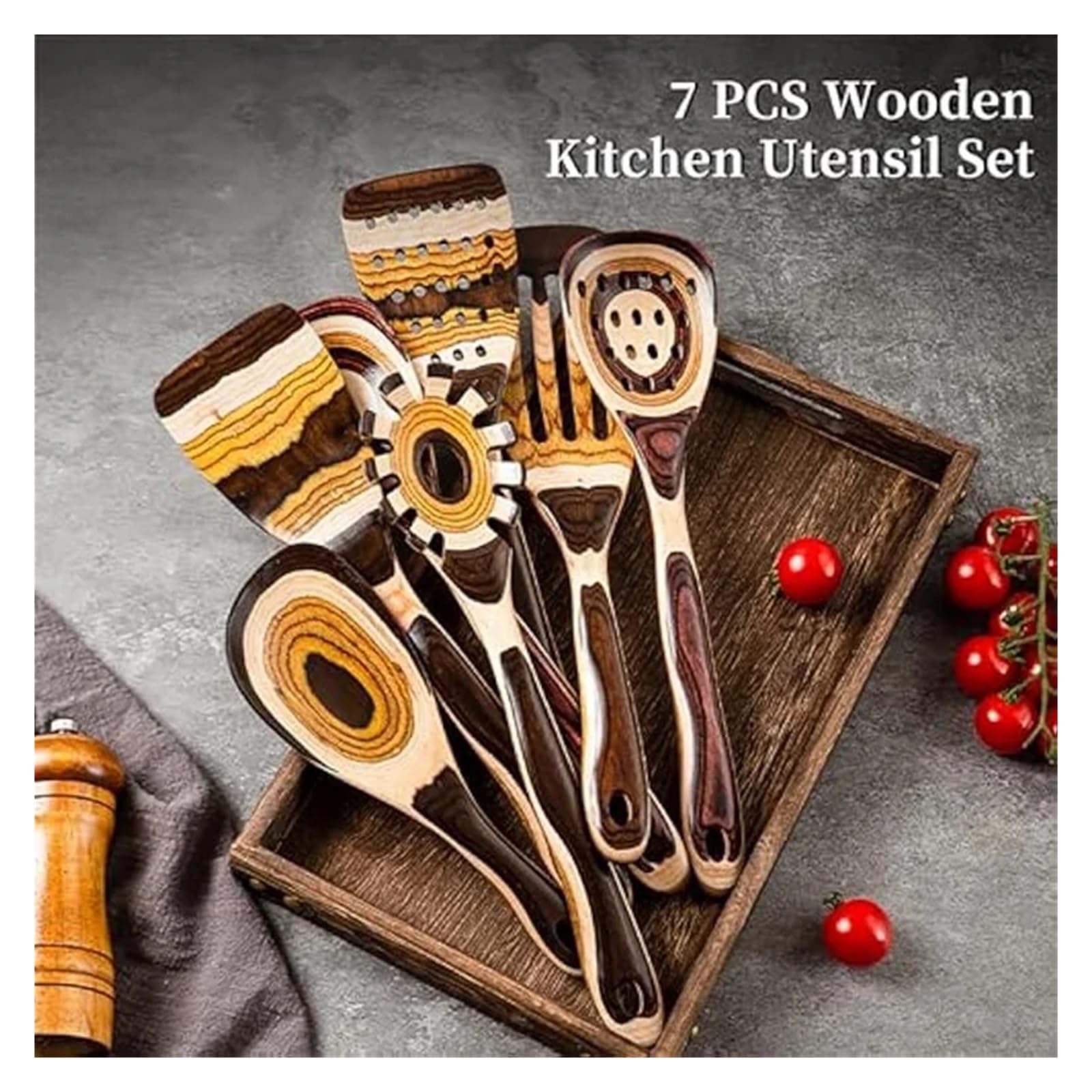 Juego de 7 utensilios Pakkawood ecológicos con cuchara de madera for cocinar.